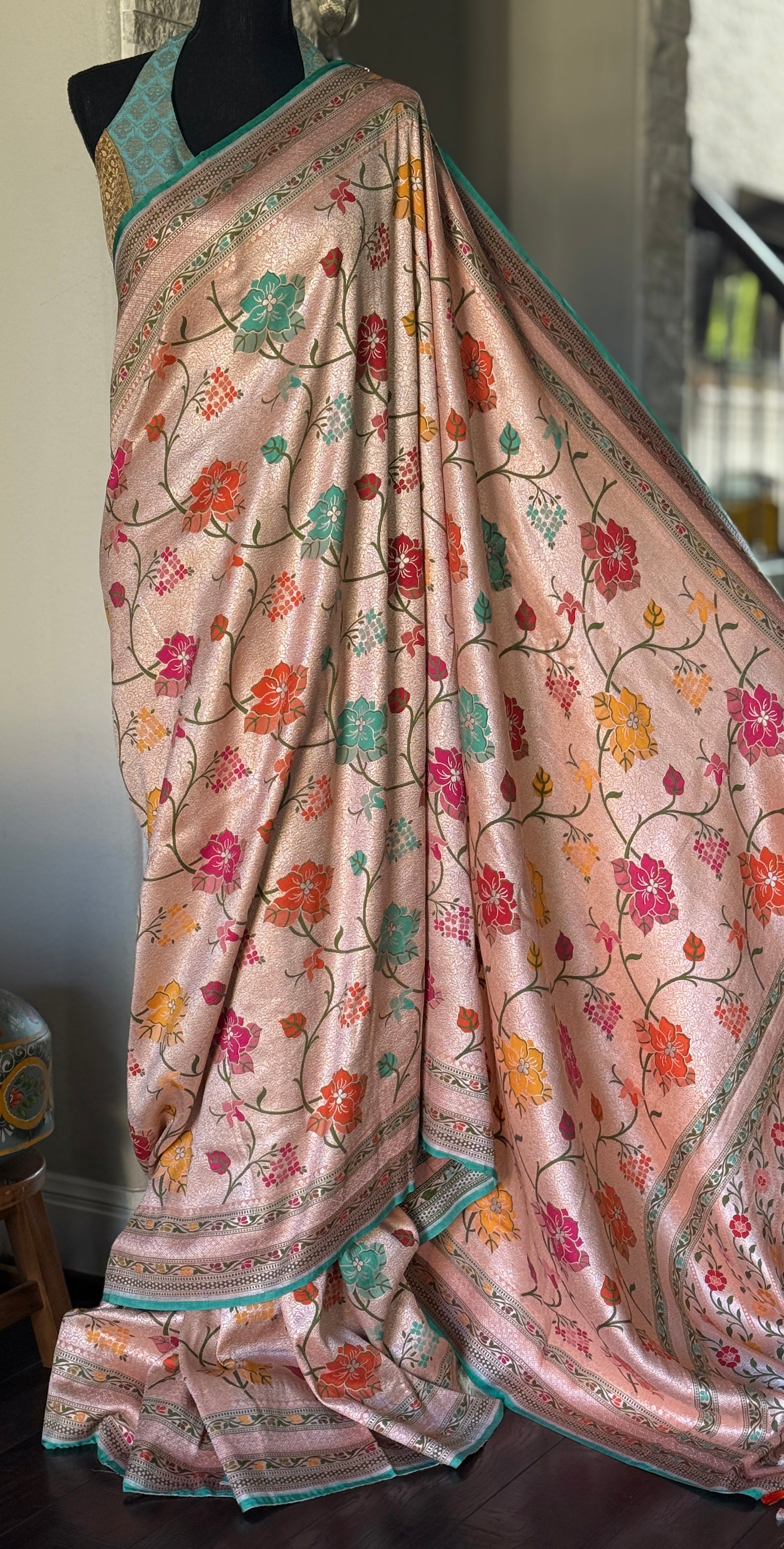 Khaddi Tussar Banarasi -  Peach Sea Green Meenakari