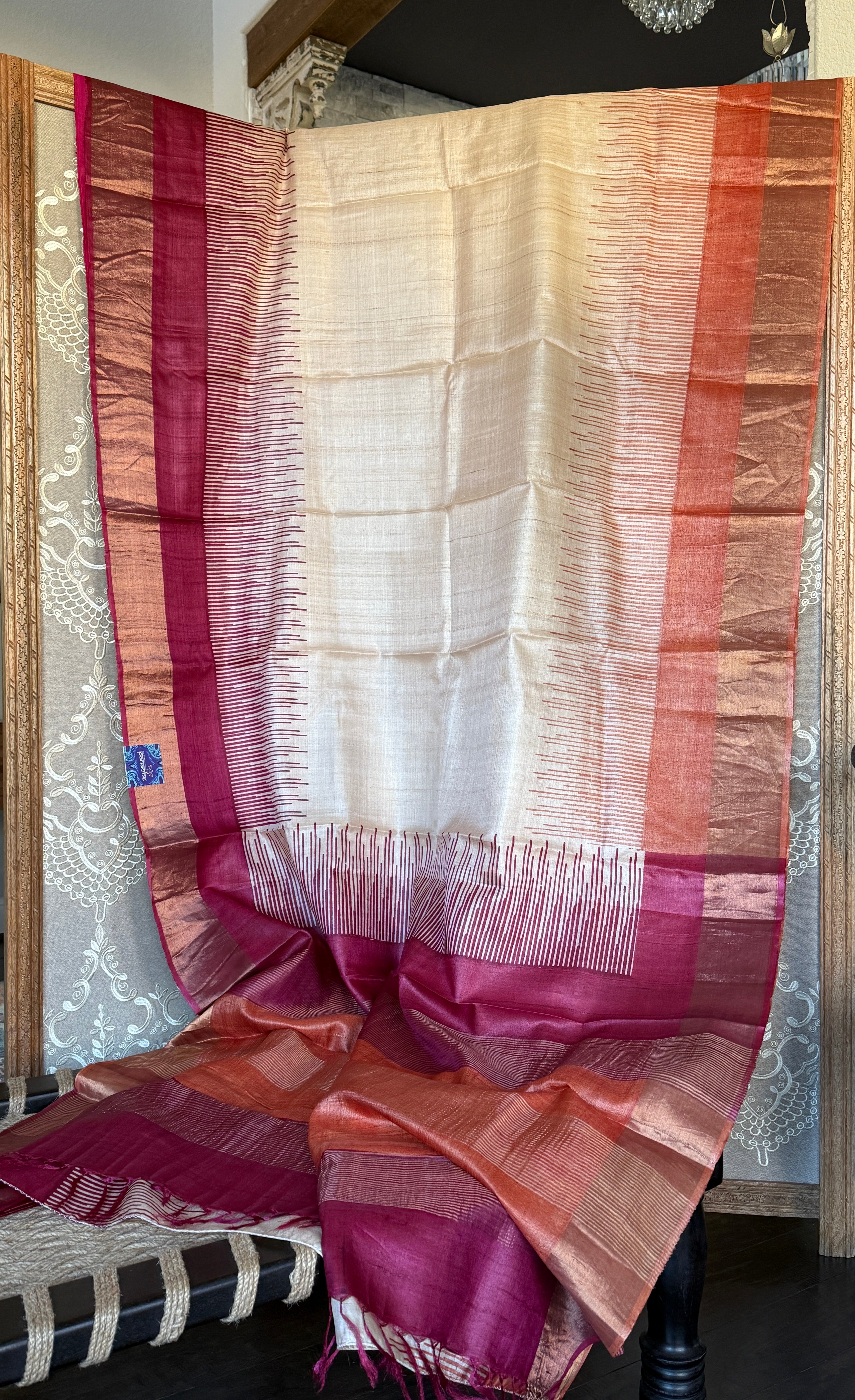 Pure Tussar Silk Hand Block Printed - Beige Rust Wine