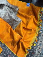 Kora Tussar Jamdani Banarsi - Grey Orange Golden Zari