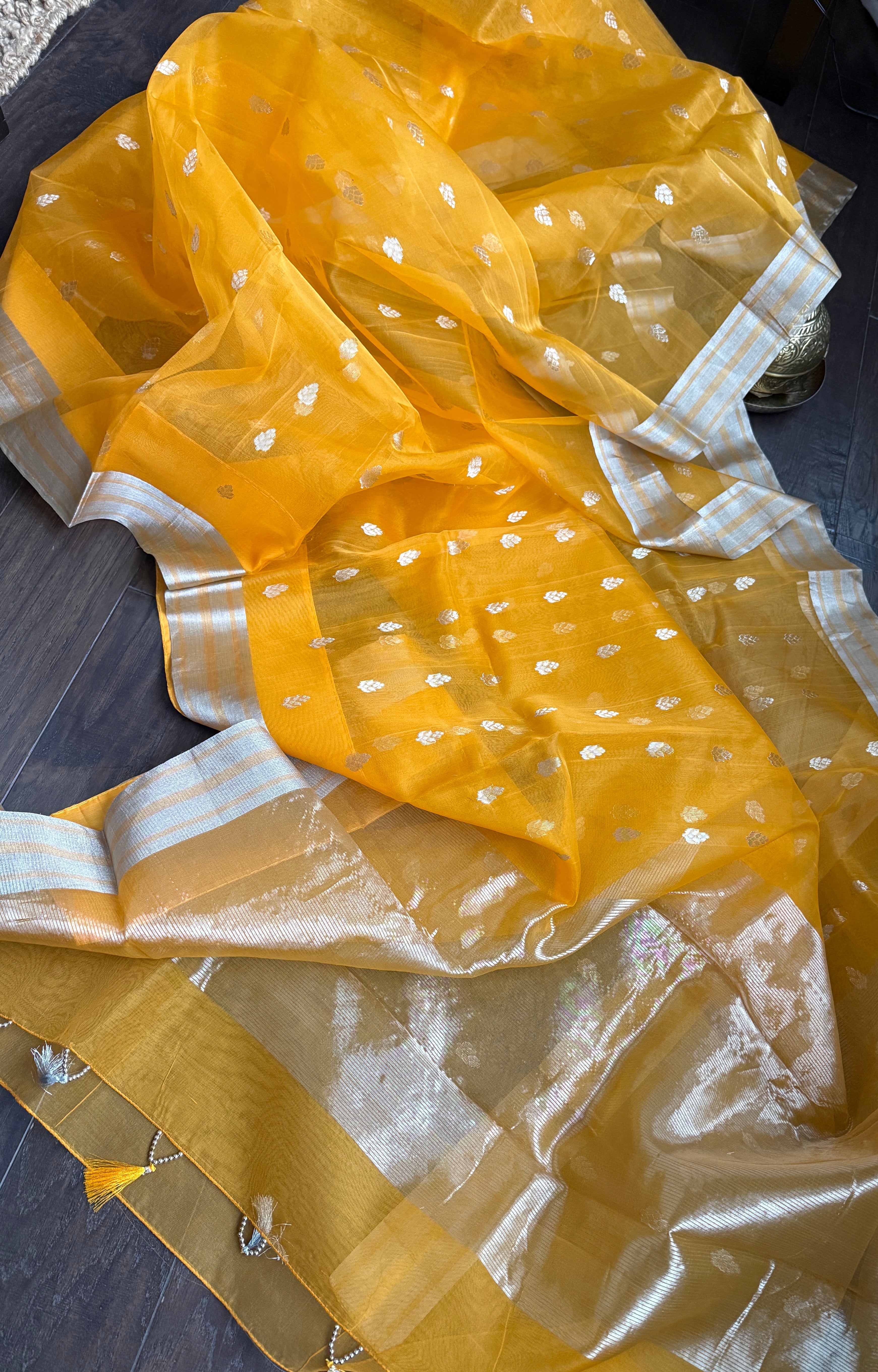 Pure Chanderi Organza Silk - Sunrise Orange Silver Zari