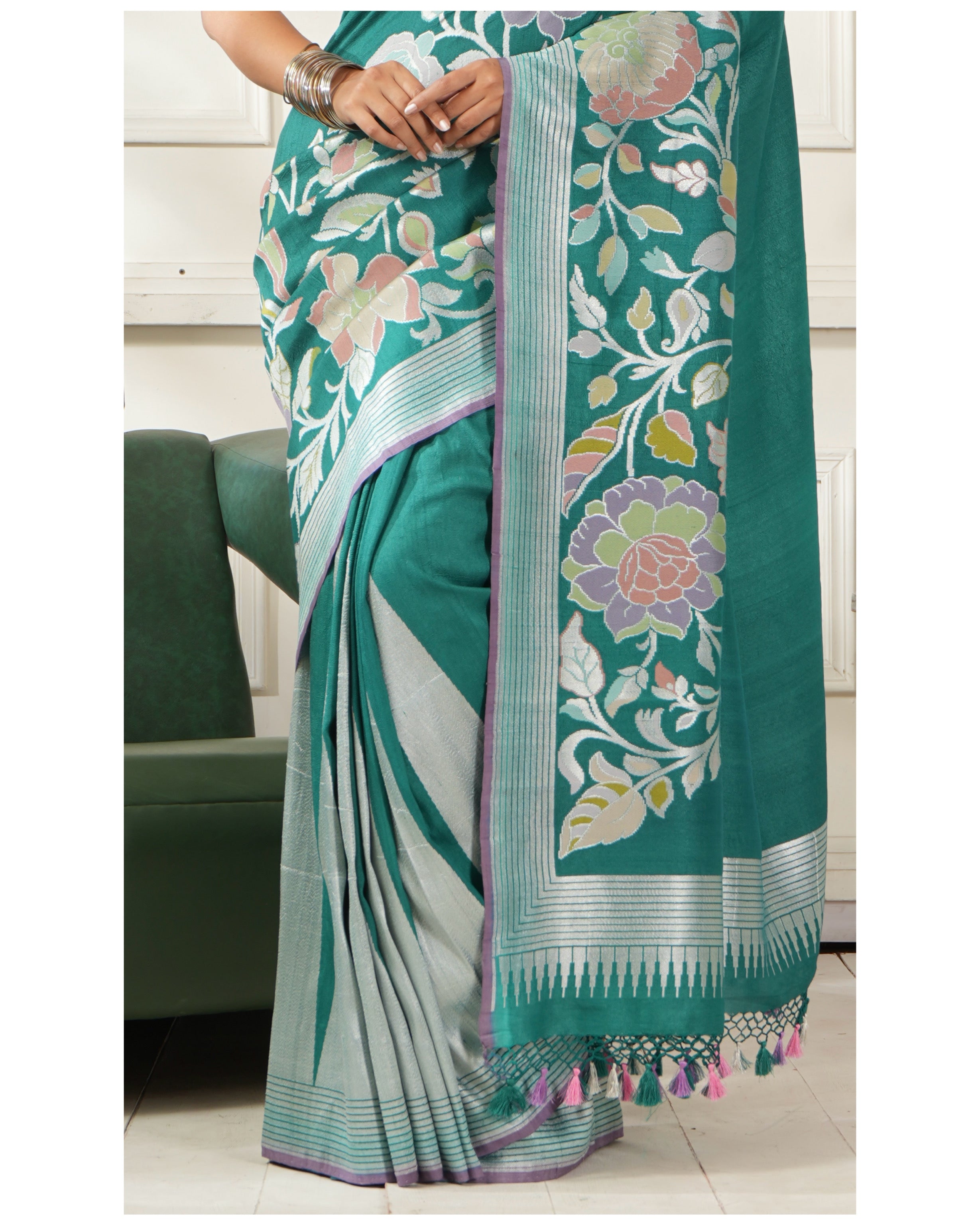 Khaddi Tussar Banarasi - Teal Blue Meenakari