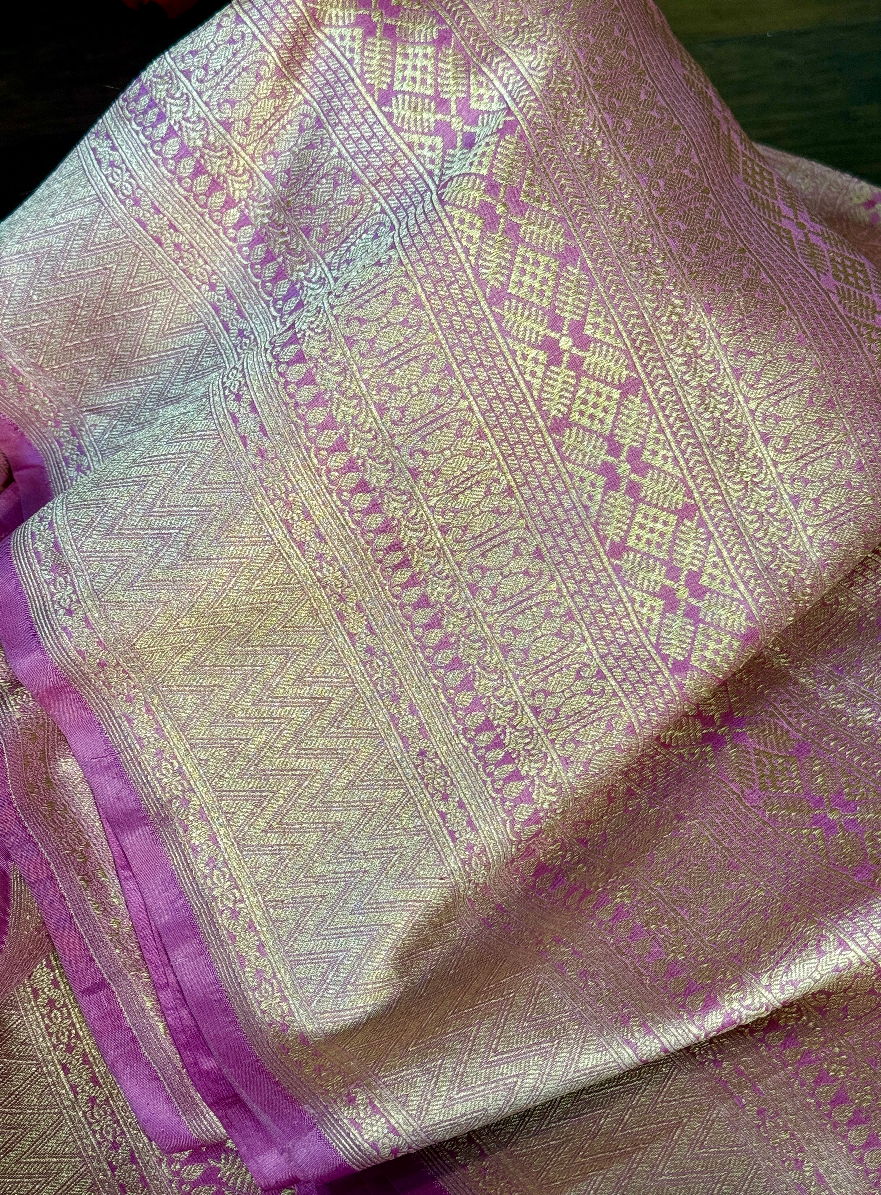 Pure Silk Brocade Banarasi- Light Onion Pink Golden Zari