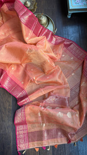 Tissue Chanderi Organza Silk - Dual Shaded Peach Orange Magenta