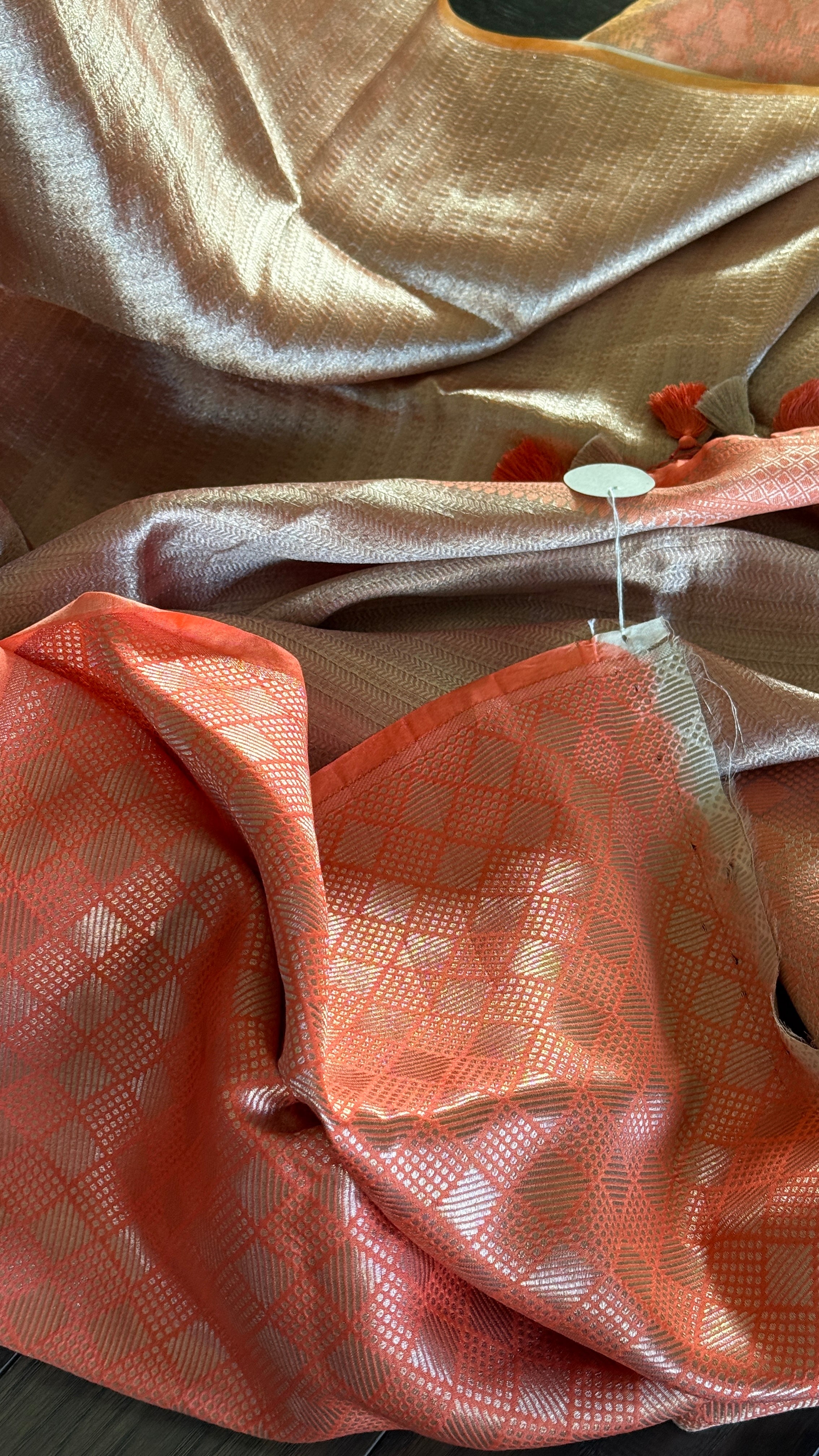 Designer Soft Silk Brocade Banarasi - Peach Pink Golden Tie-Dye