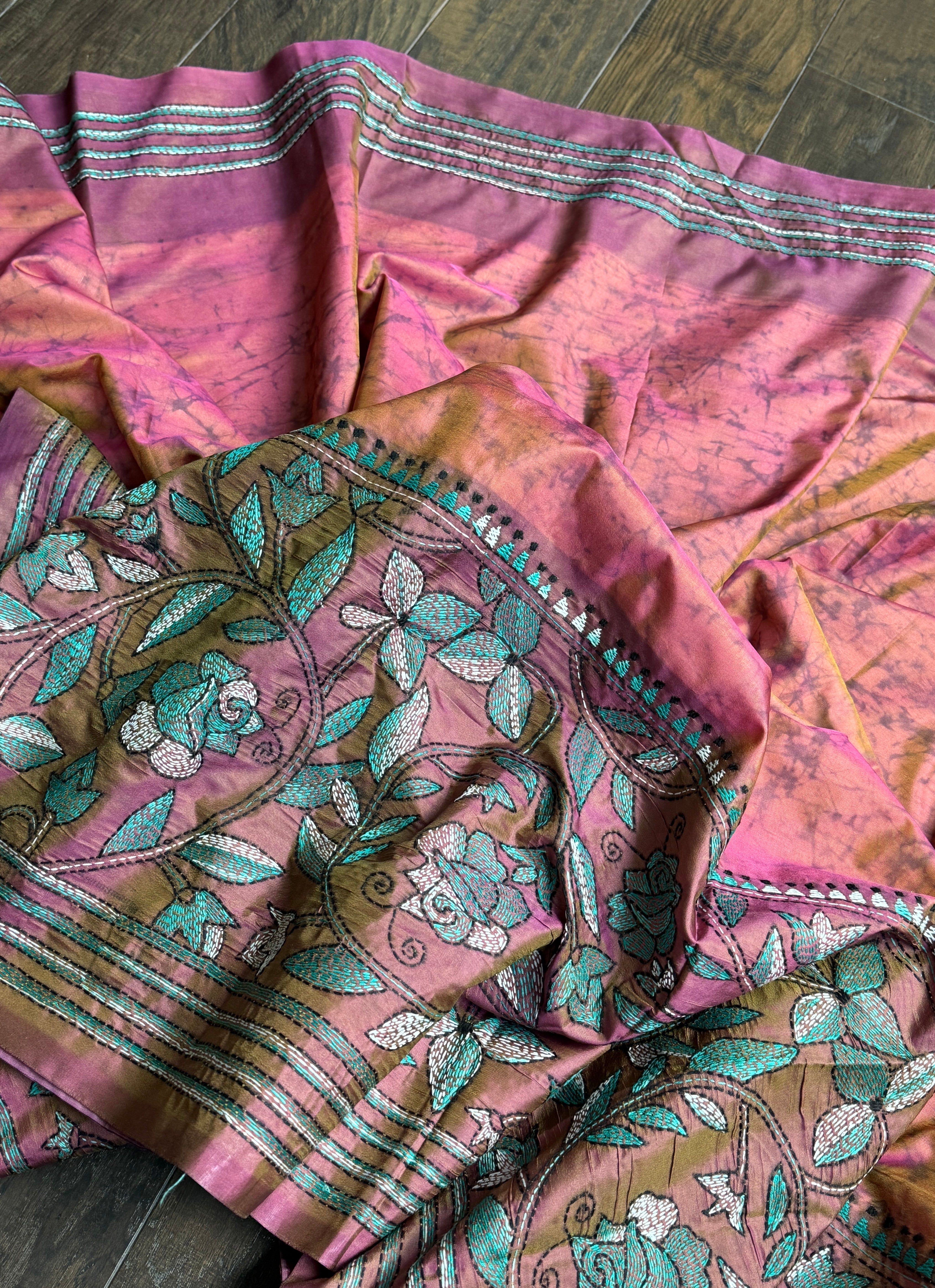 Bangalore Batik Kantha Silk -  Orange Pink Dual Tone