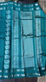 Pure Silk Gadwal - Teal Green Silver Zari