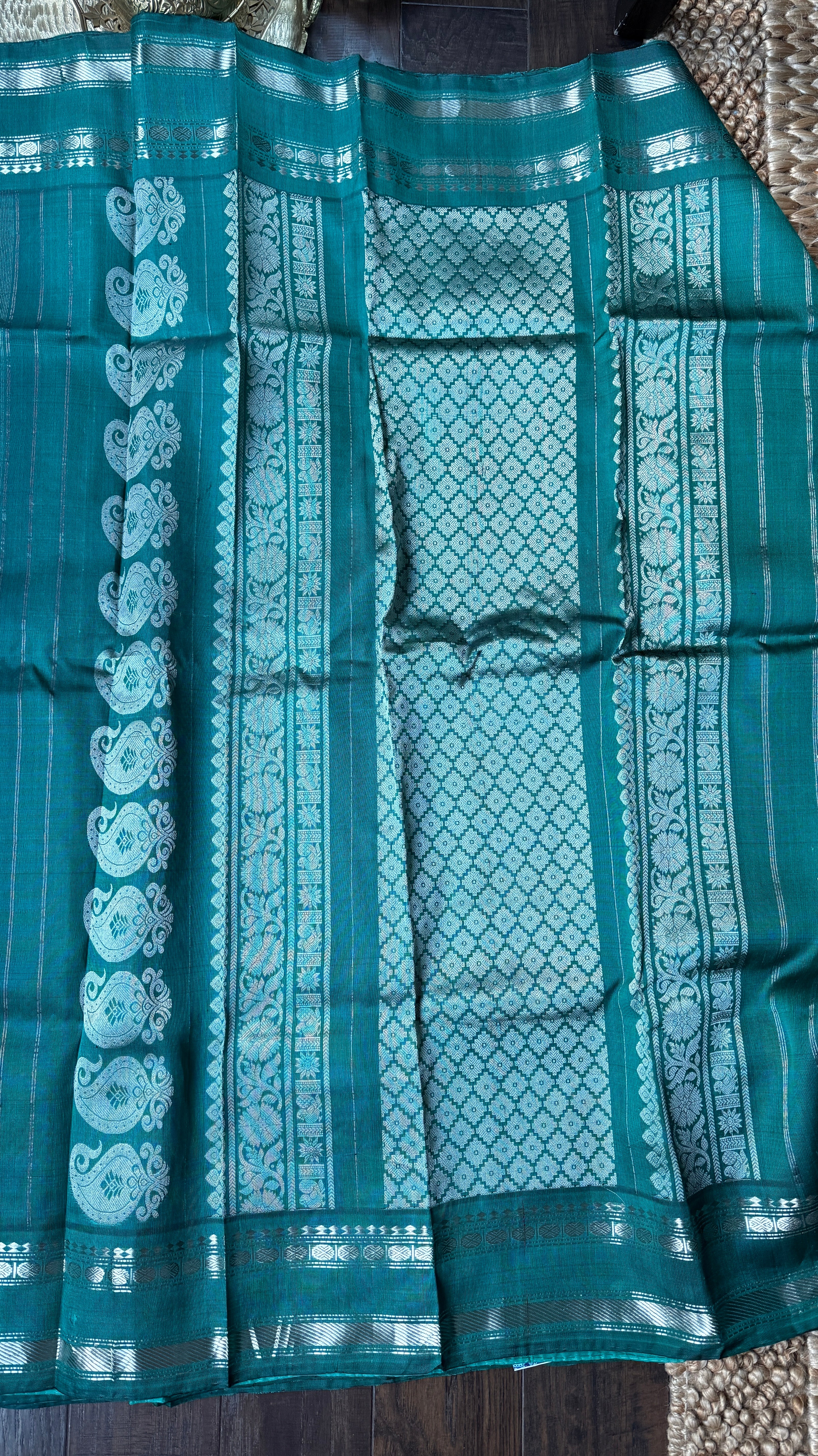 Pure Silk Gadwal - Teal Green Silver Zari