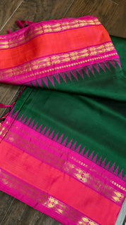 Pure Silk Kanjivaram - Dark Green Orange Magenta 2g Pure Zari