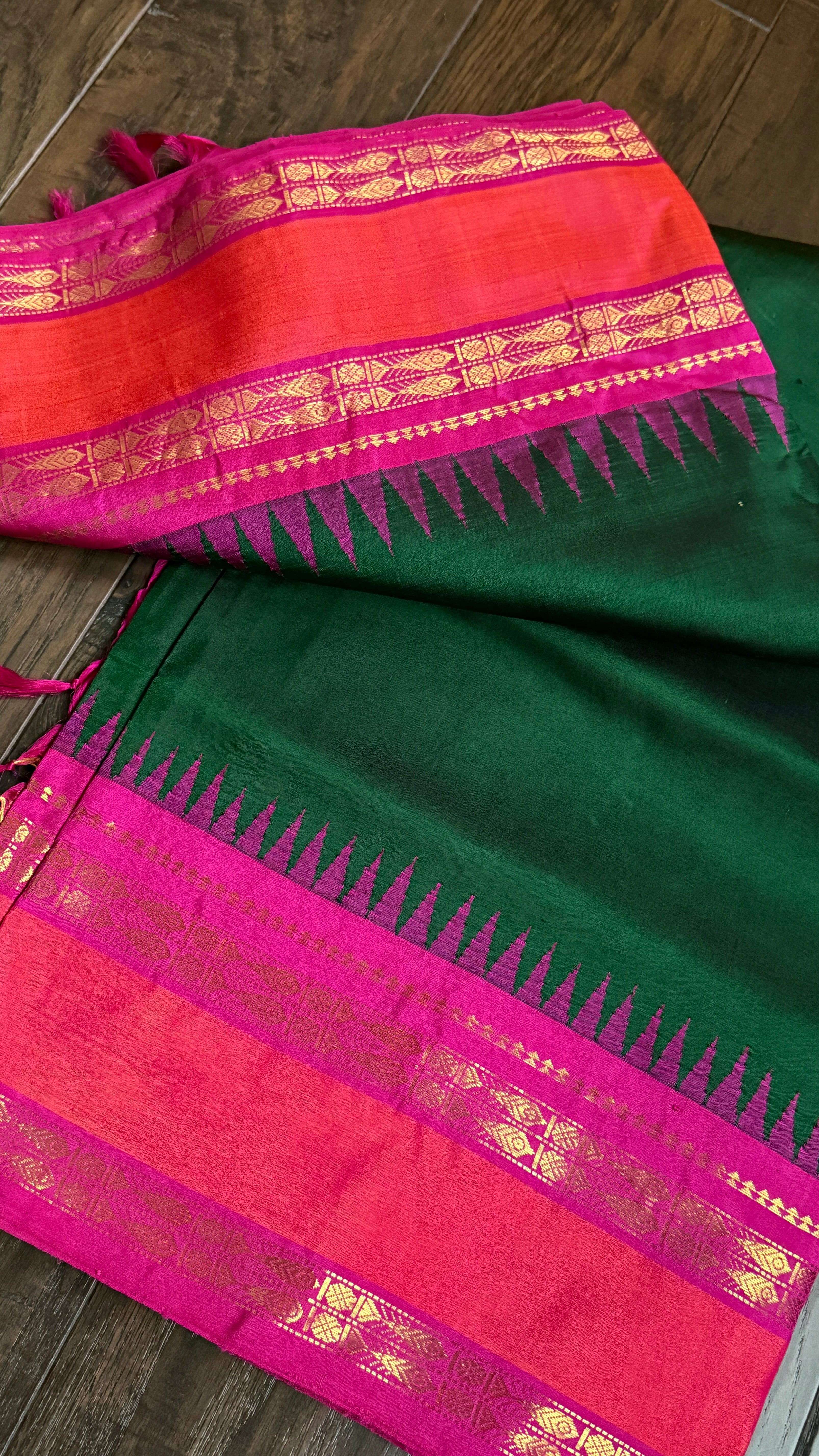 Pure Silk Kanjivaram - Dark Green Orange Magenta 2g Pure Zari