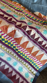 Pure Tussar Silk Kantha Stitch -  Grey Multi Color
