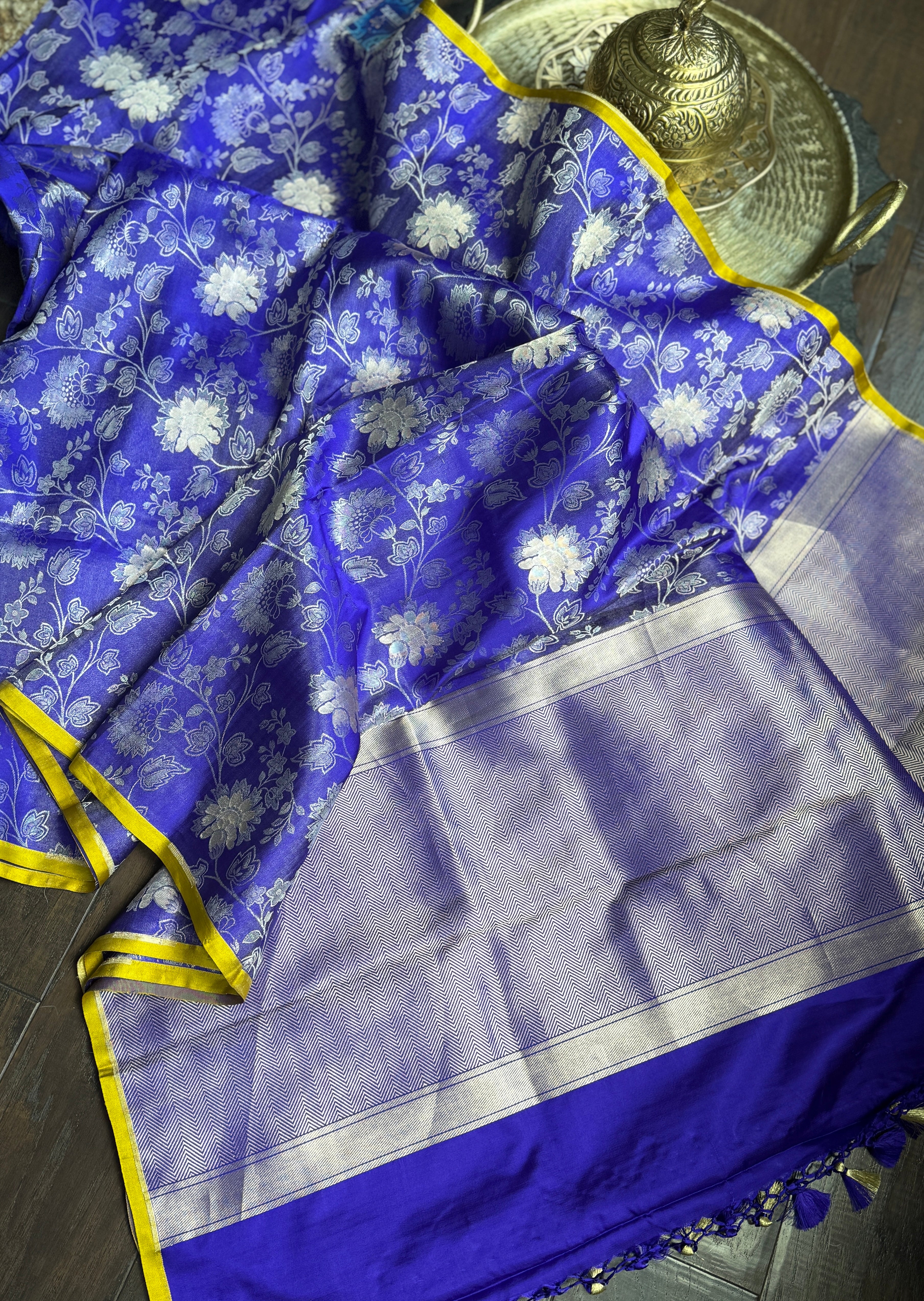 Pure Silk Katan Tissue Jaal Banarasi- Purple Blue Yellow