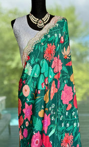 Designer Crepe Satin - Green Multi Color