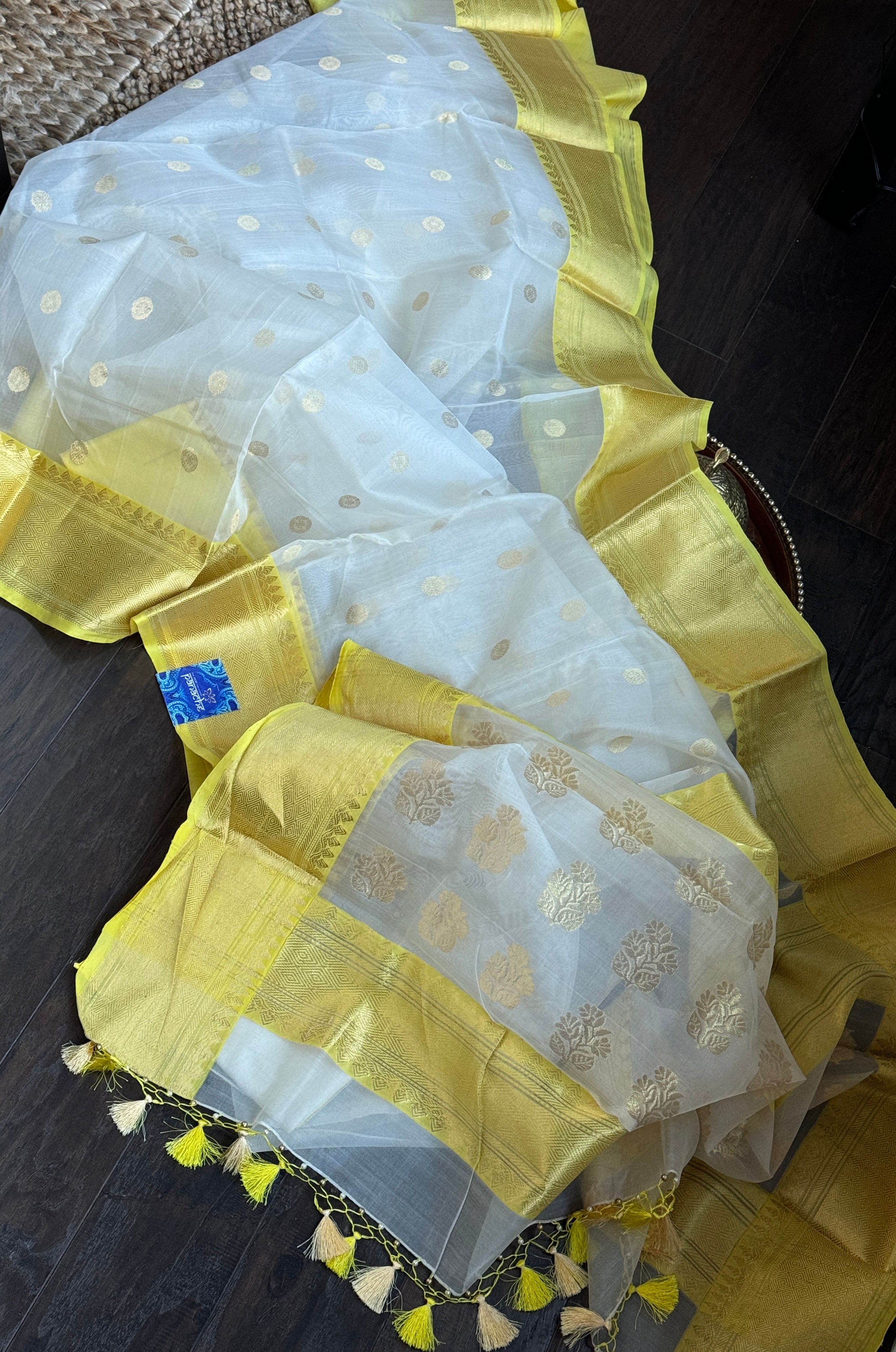 Pure Chanderi Organza Silk - Off White Yellow Iknaliya