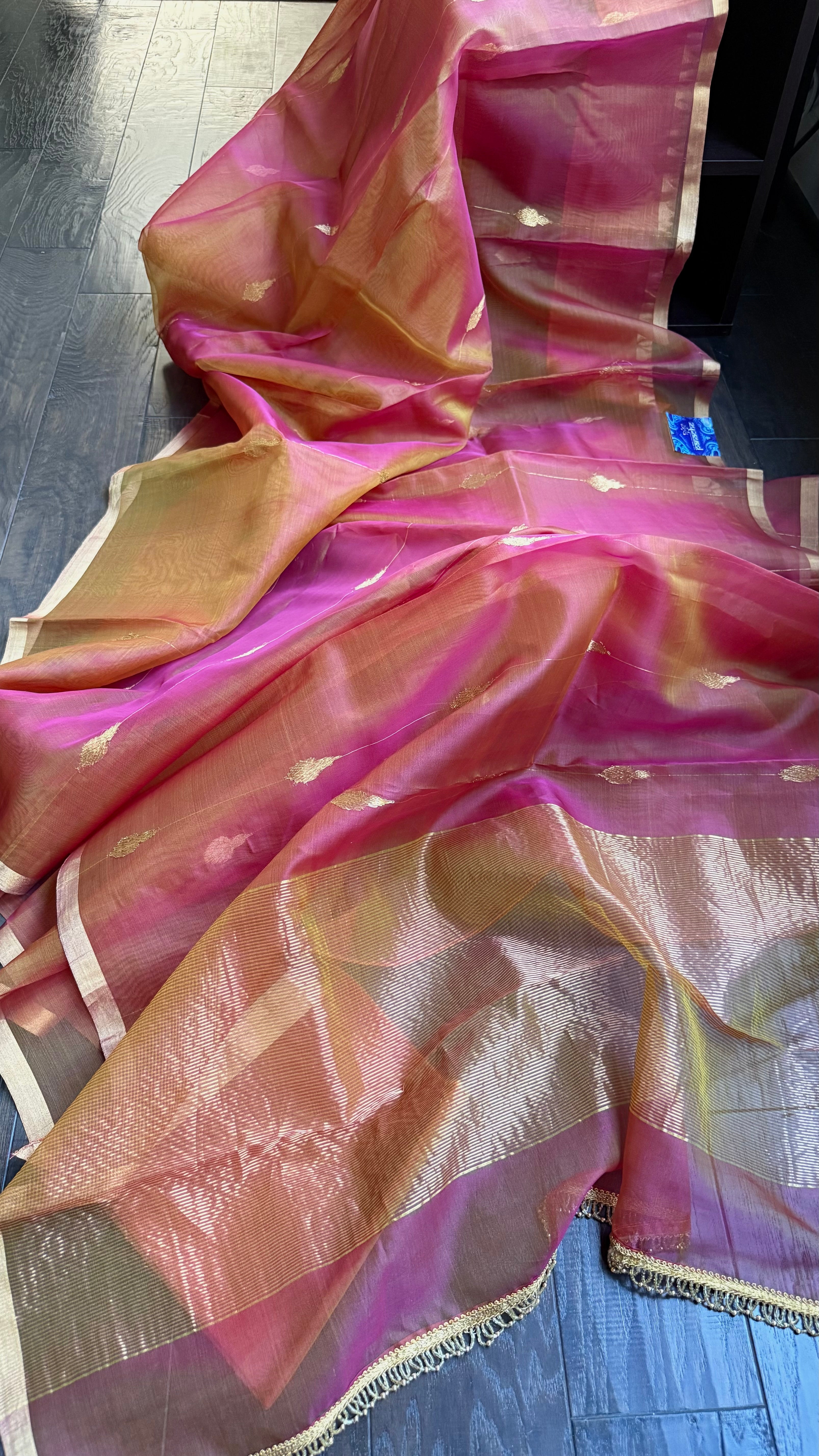 Chanderi Organza Silk - Pink Orange Dual shaded
