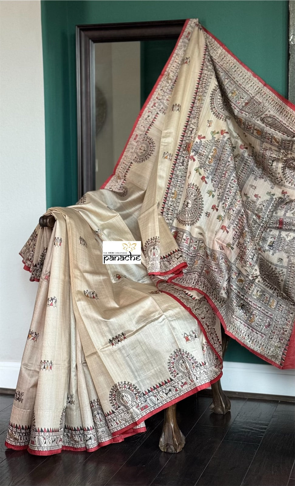 Pure Tussar Silk - Beige Worli Printed