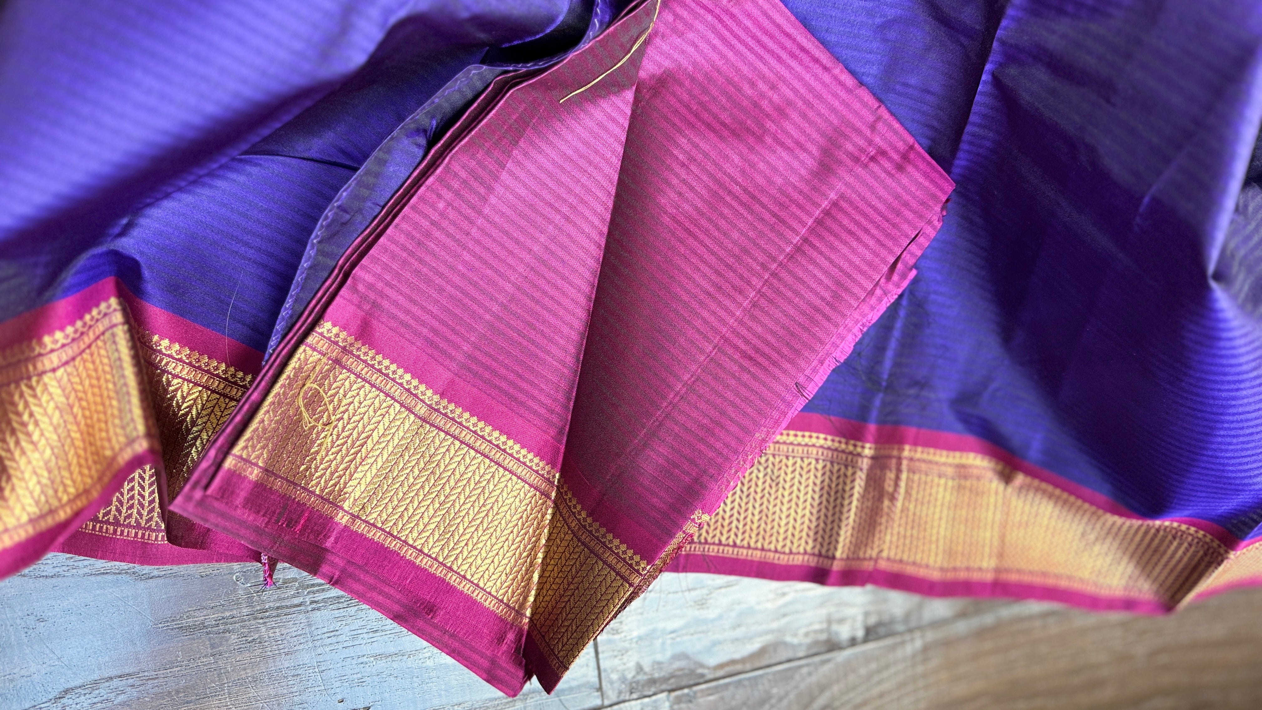 Pure Silk 1gm Zari Kanjivaram - Purple Blue Pink self Stripe