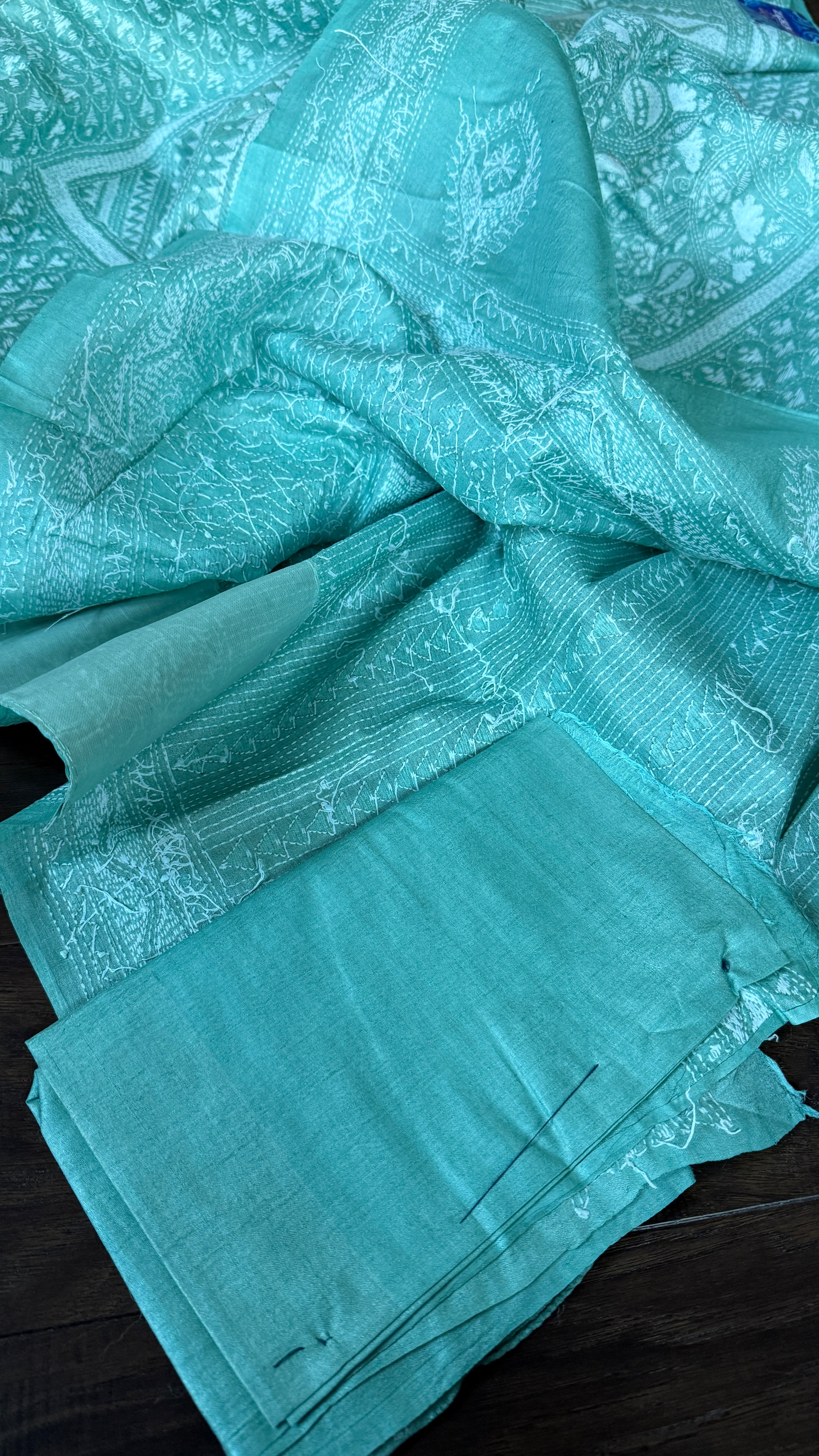 Pure Tussar Silk Kantha Stitch -  Mint