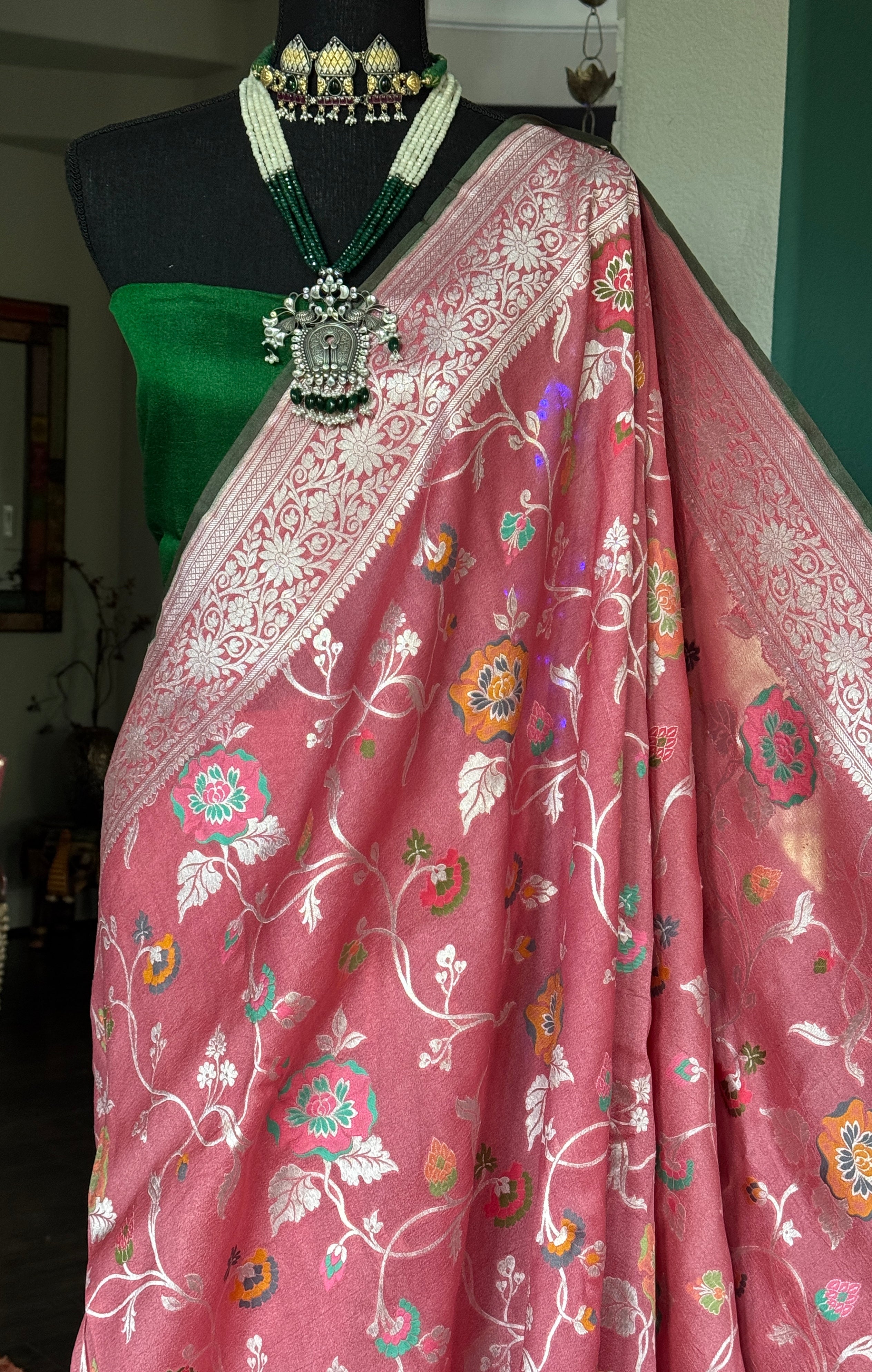 Tussar Georgette Banarasi- Gajri Pink Silver Zari