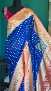 Khaddi Georgette Banarasi - Blue Peach Orange Hand Brush Painted