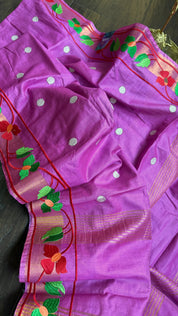 Embroidered Muga Silk - Magenta Purple Paithani