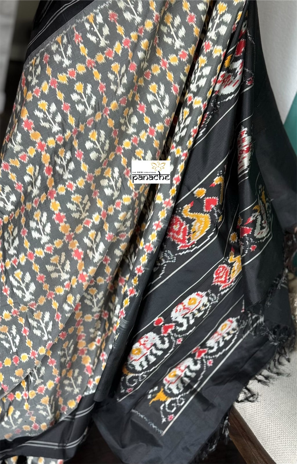 Pure Silk Ikat -  Grey Black Pochampally