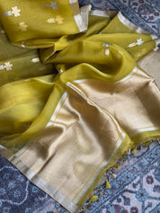 Pure Kora Silk Banarasi - Ochre Green Kadhua