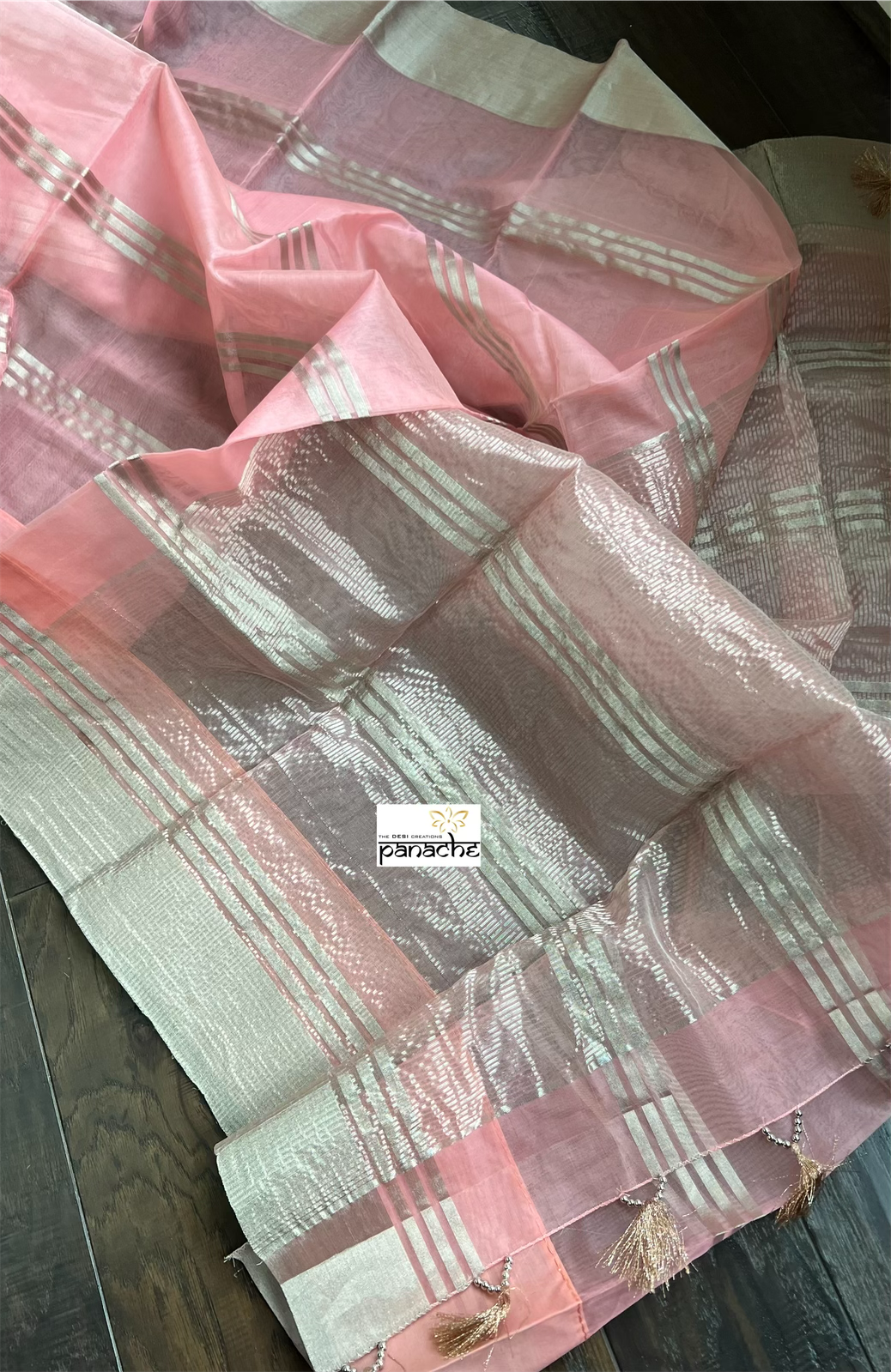 Chanderi Organza Silk - Pink Zari Striped