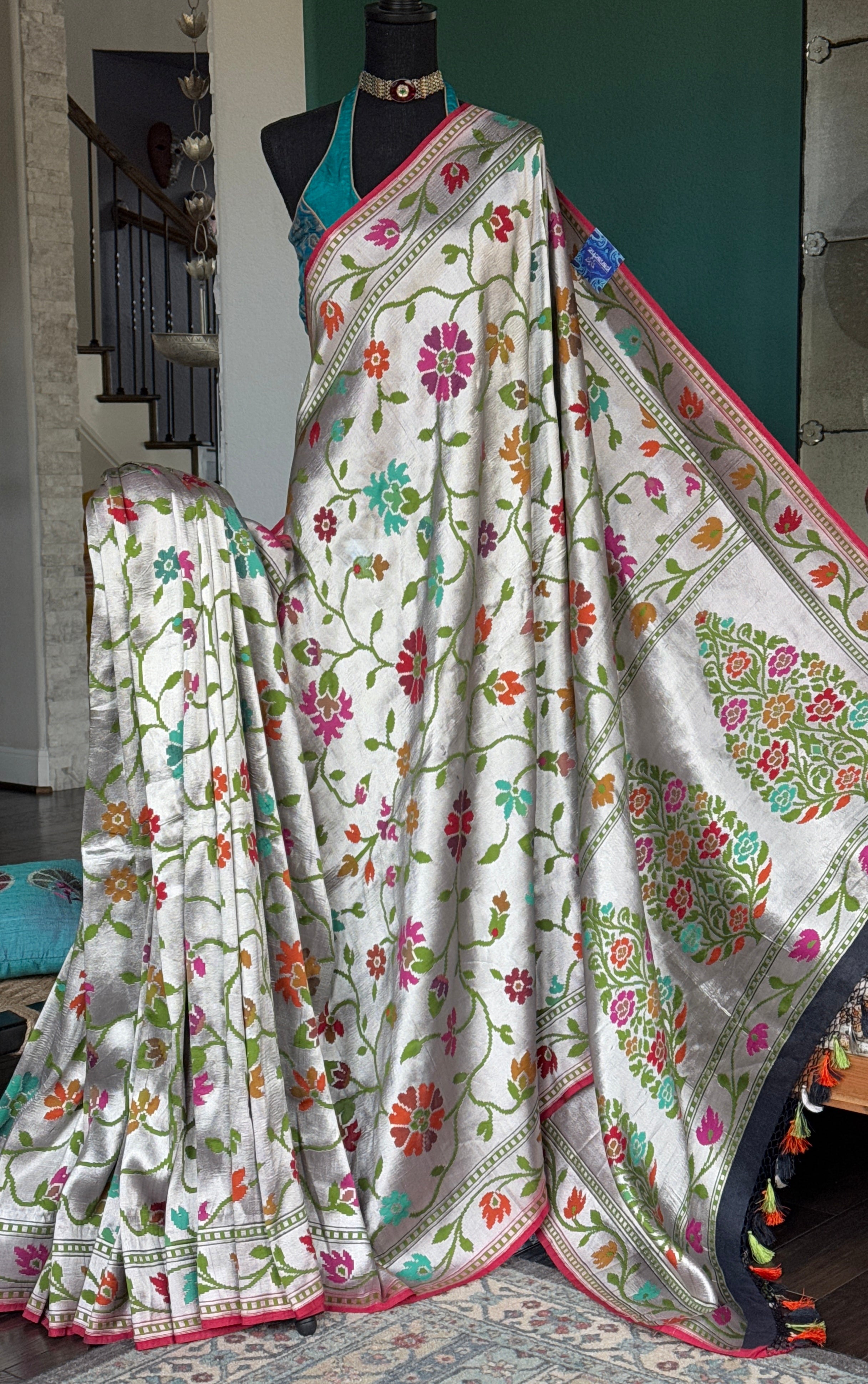 Khaddi Tussar Banarasi -  Silver Black Green Meenakari