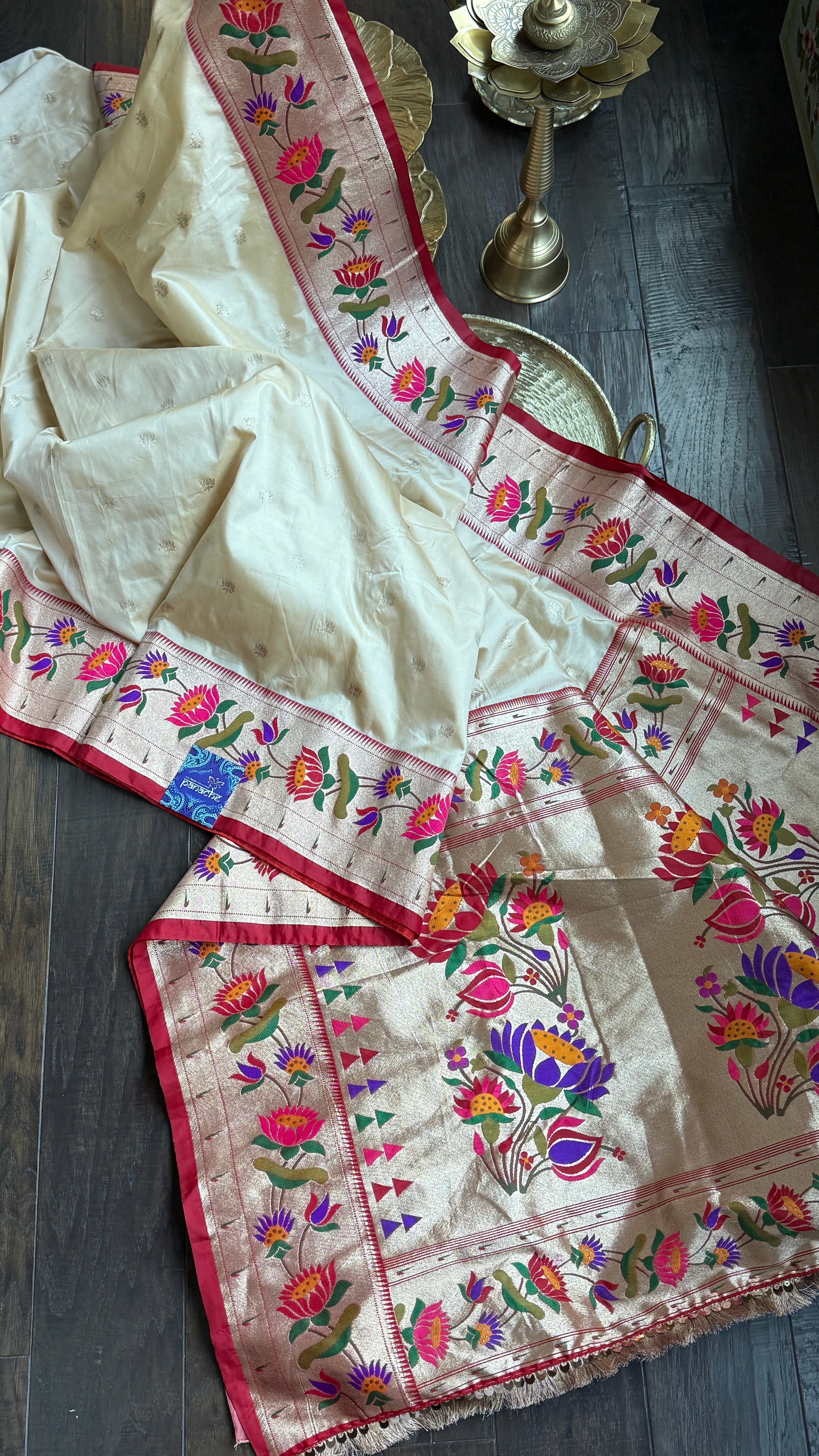 Pure Silk Paithani Single Munia - Cream Red Woven