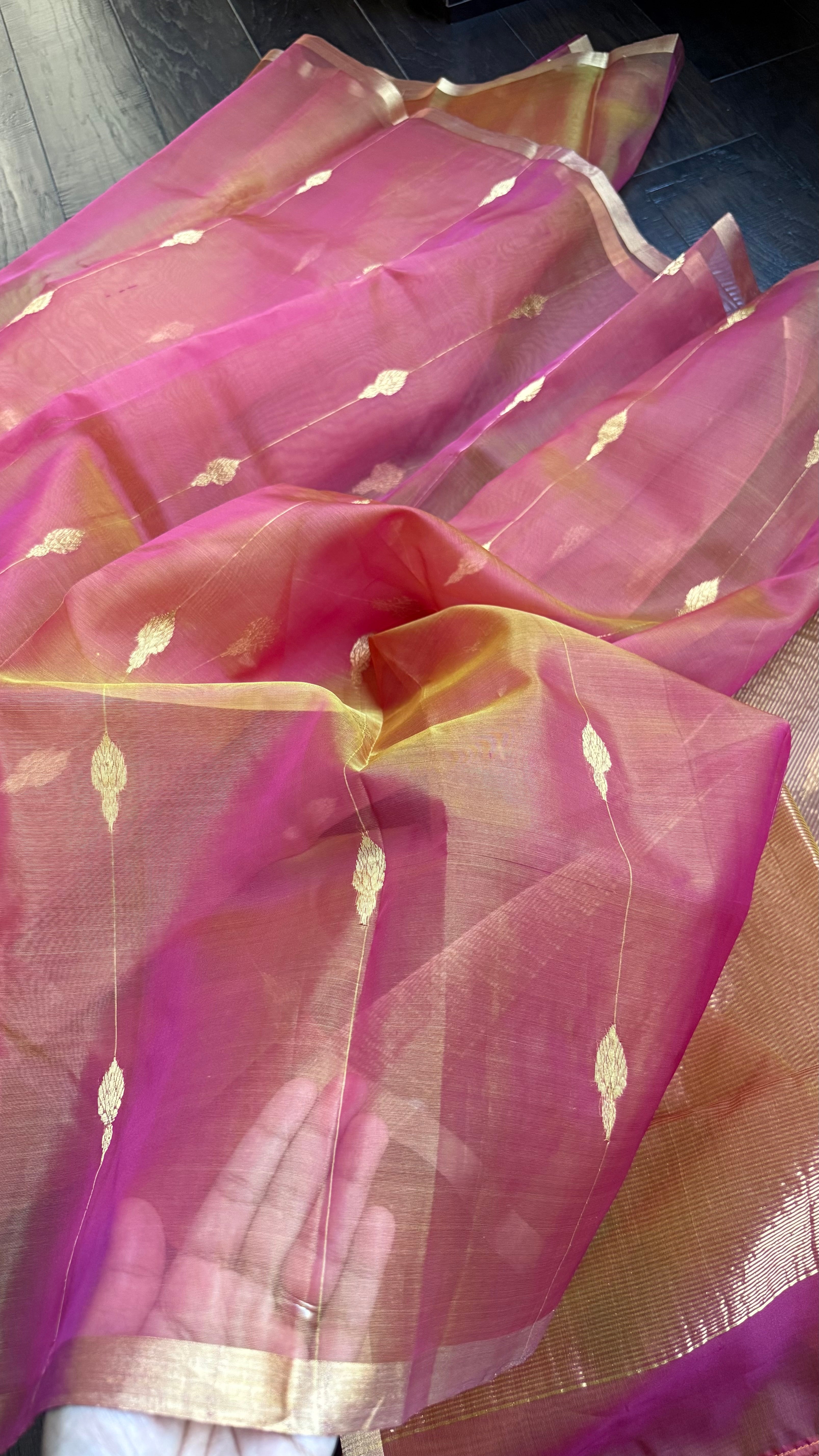 Chanderi Organza Silk - Pink Orange Dual shaded