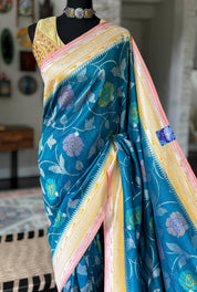 Khaddi Tussar Paithani Banarasi -  Teal Blue Multi Meenakari