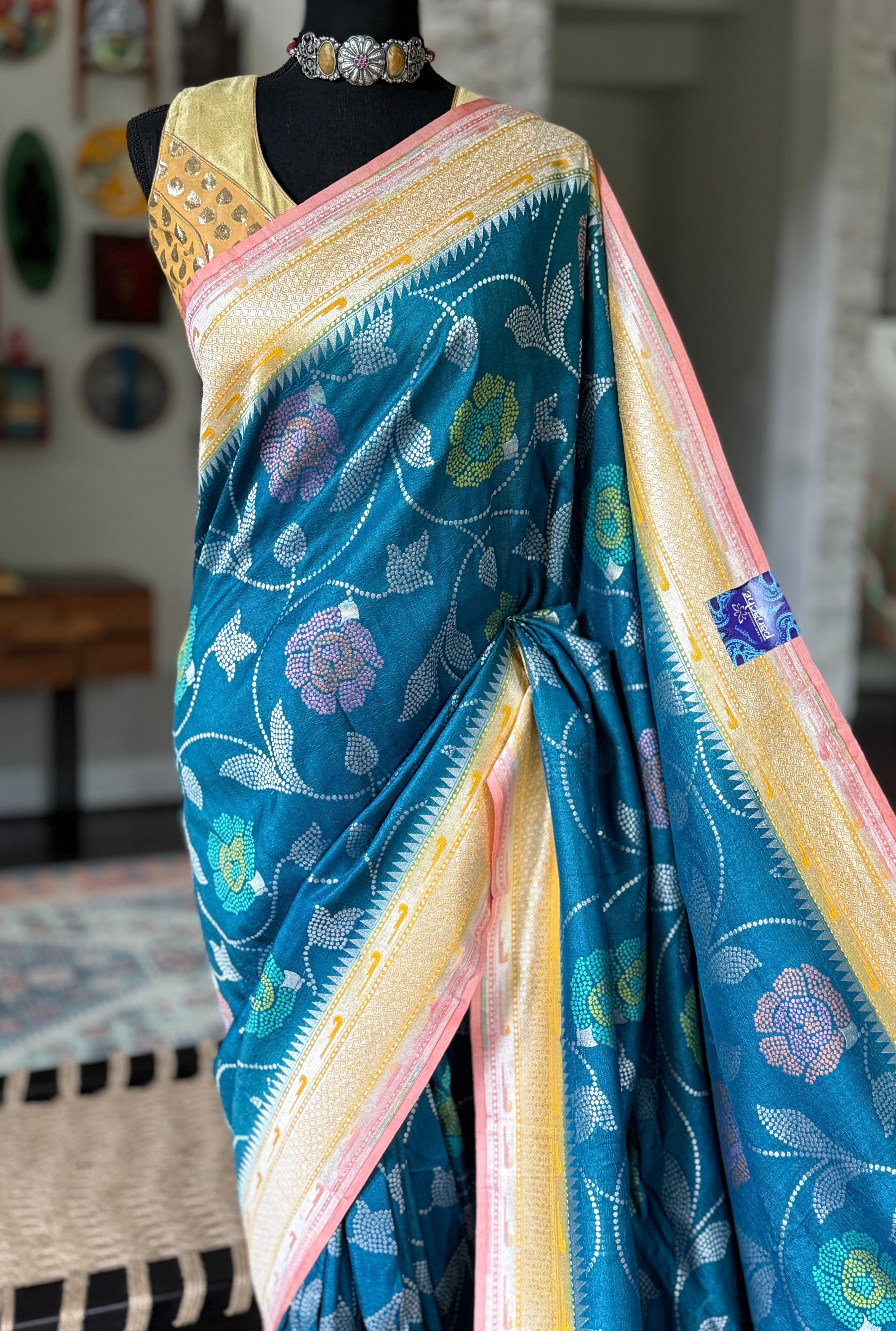 Khaddi Tussar Paithani Banarasi -  Teal Blue Multi Meenakari