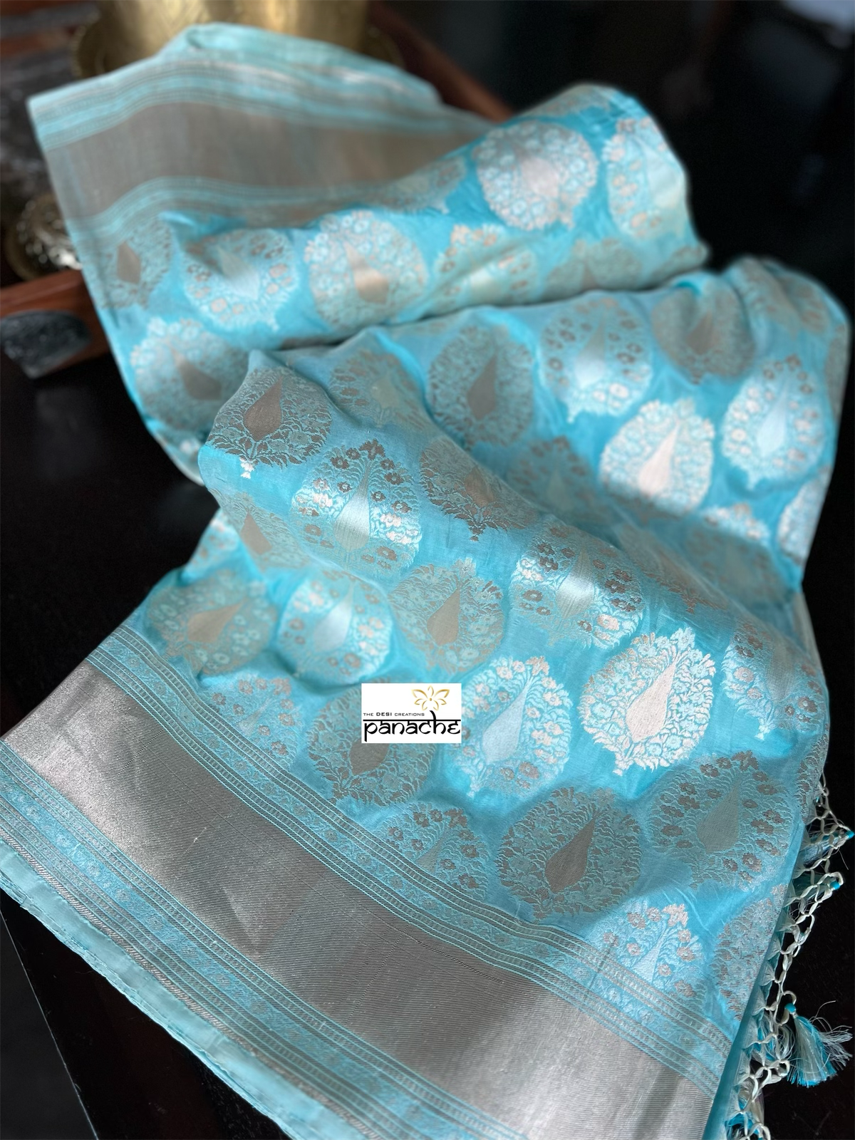 Pure Silk Katan Tissue Banarasi- Firozi Meenakari