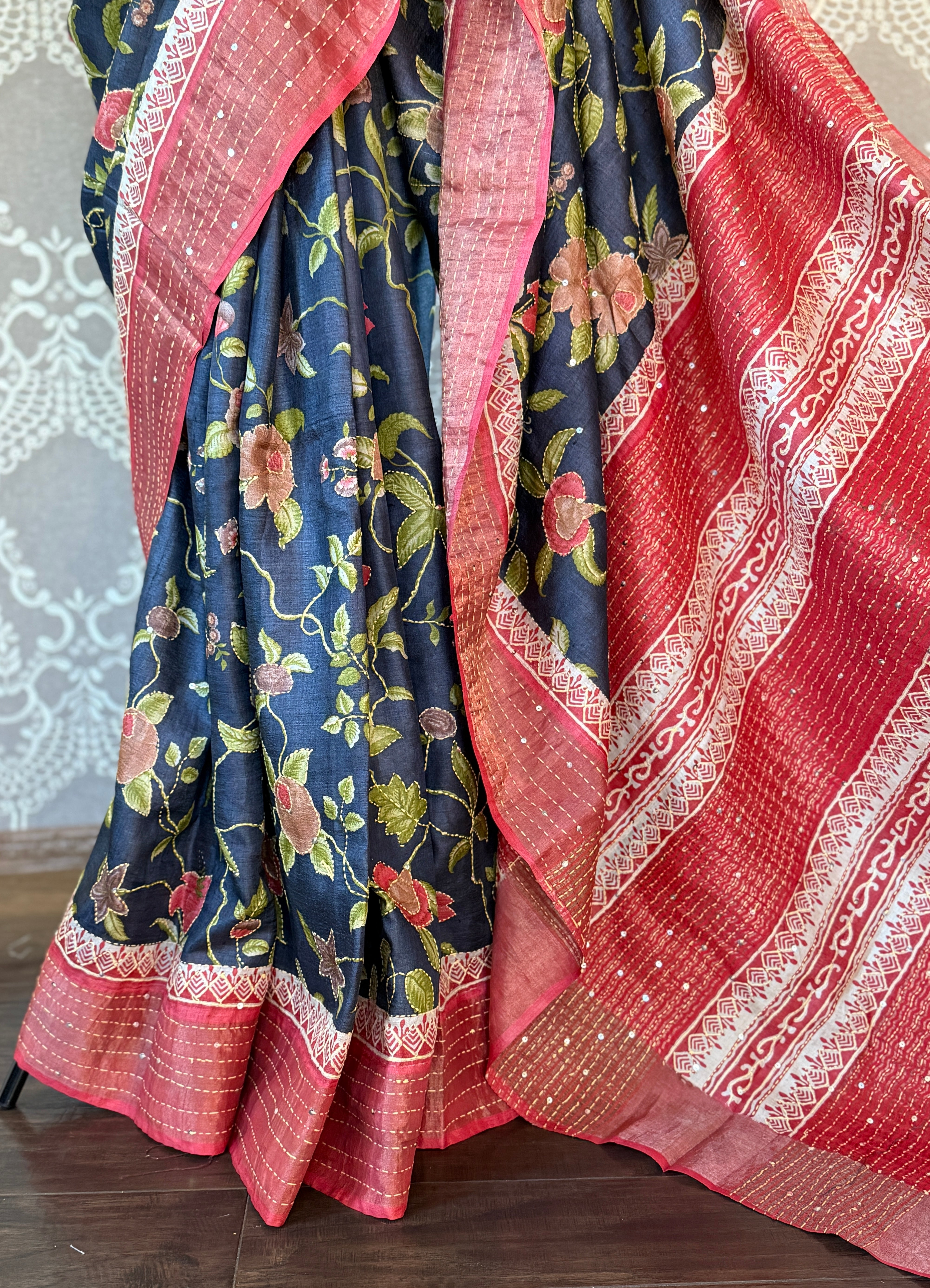 Printed Tussar Silk Kantha Stitch - Black