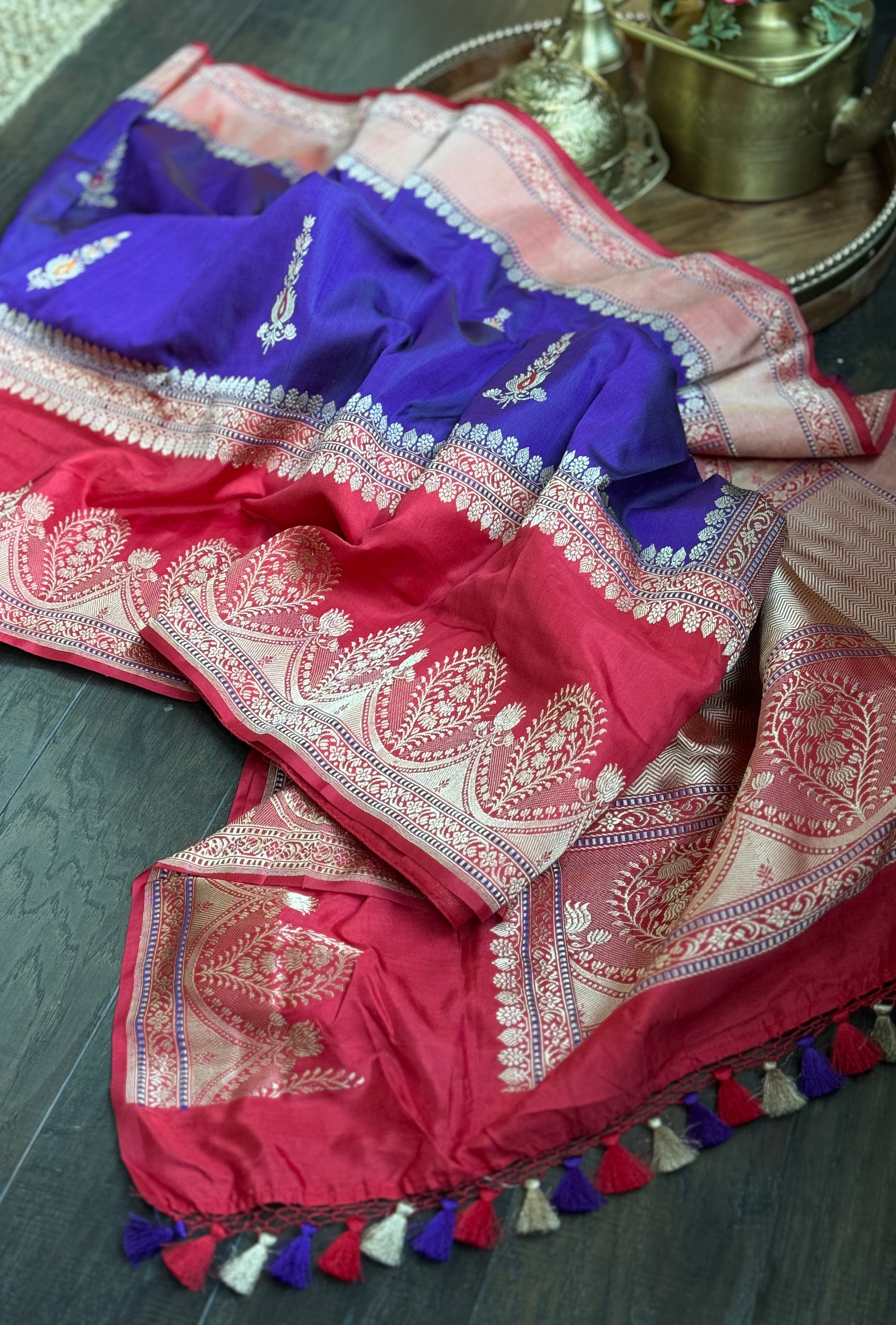 Pure Silk Katan Banarasi- Ourple Red Blue Kadhua