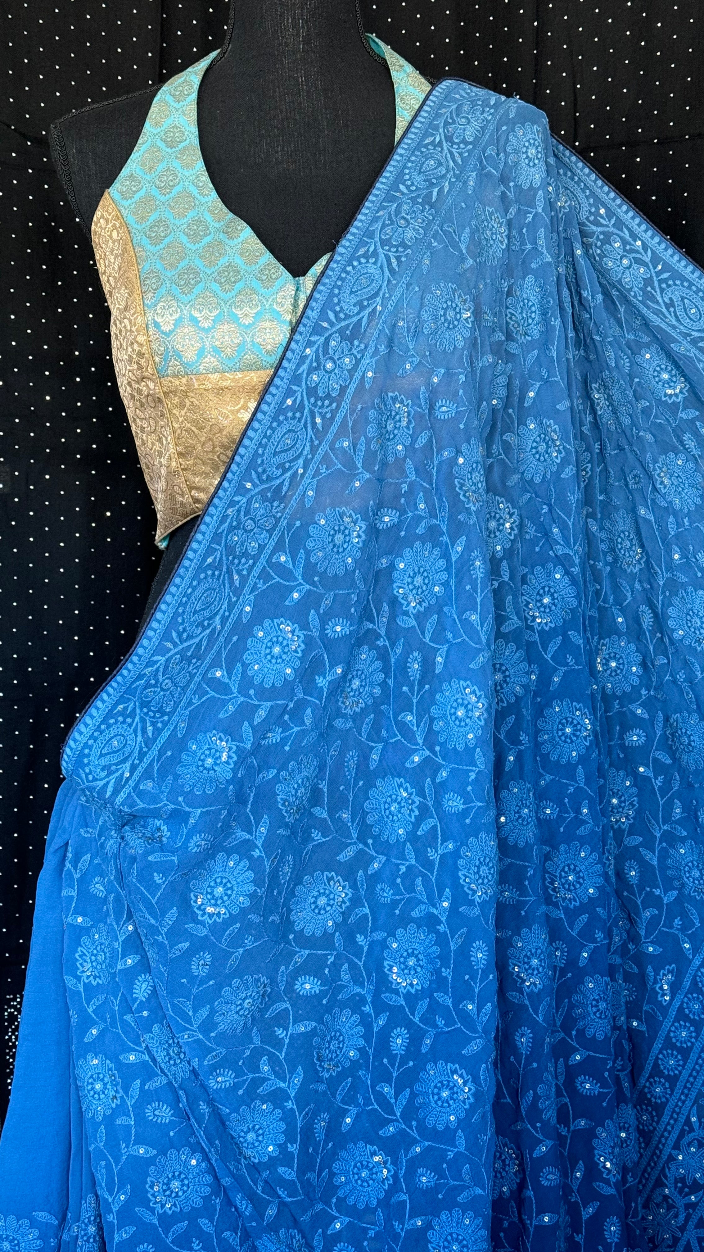 Designer Geogette Chikankari - Blue shaded