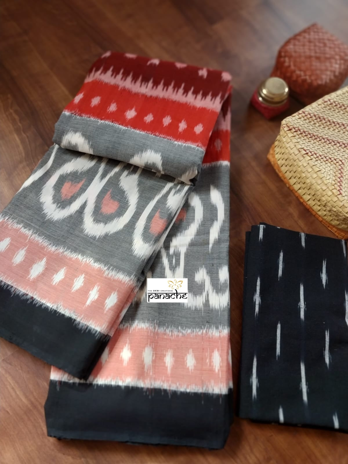 Pure Cotton Ikat - Grey Black Maroon Pochampolly