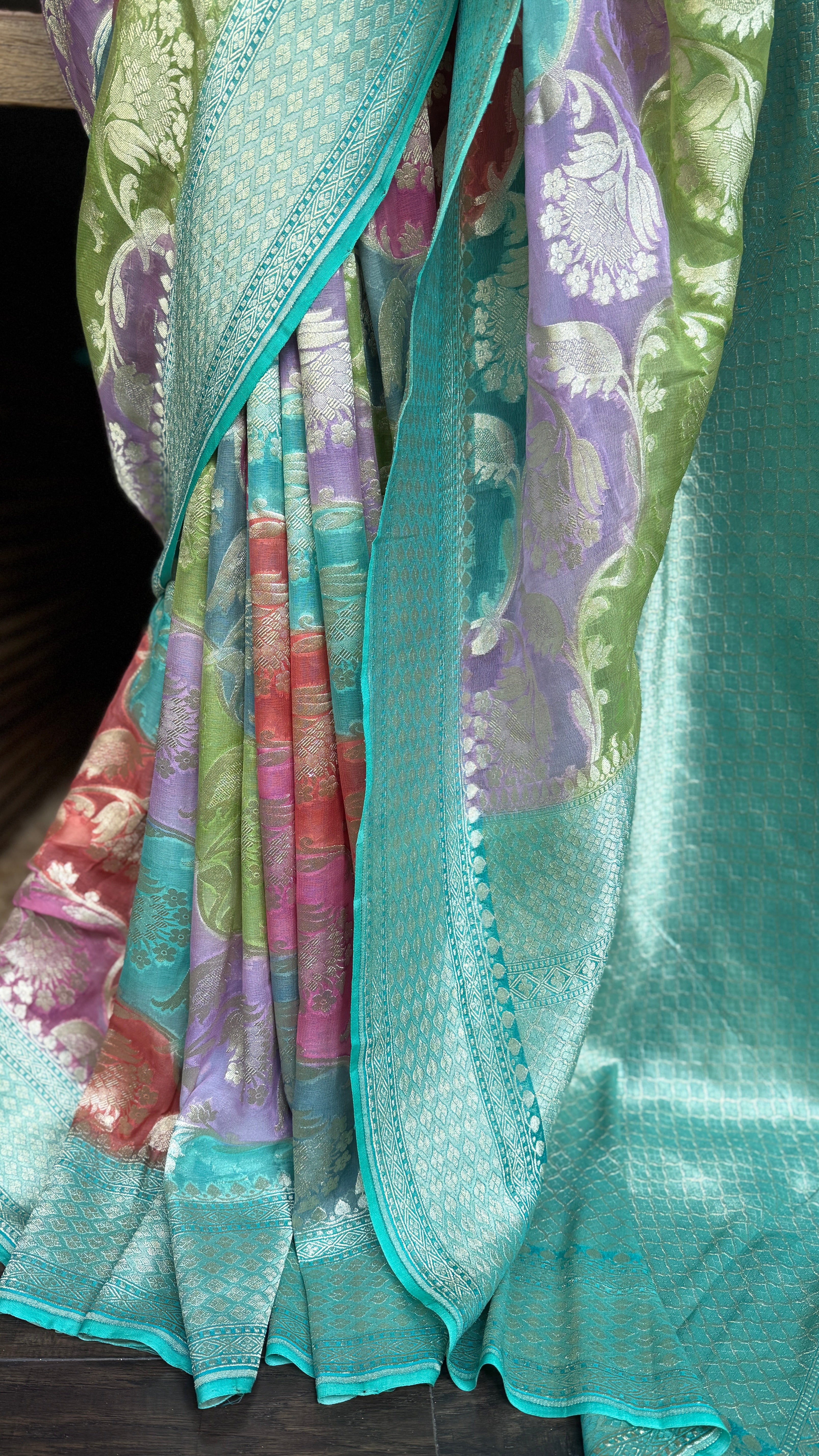 Khaddi Georgette Banarasi - Sea Green Multi color Rangkat