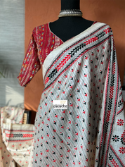 Pure Tussar Silk Kantha Stitch -  Beige Red Black