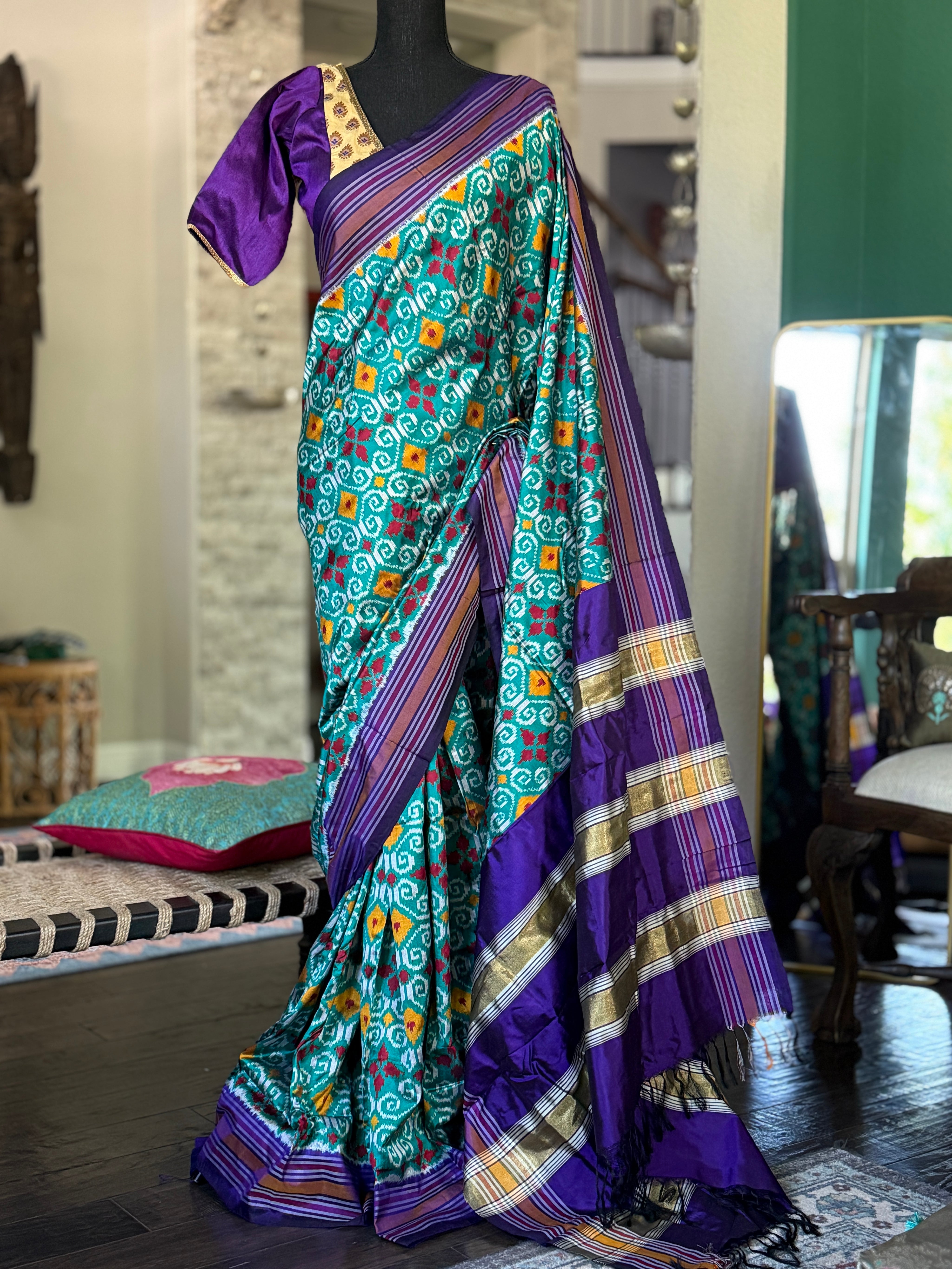 Pure Silk Ikat - Sea Green Purple Pochampally