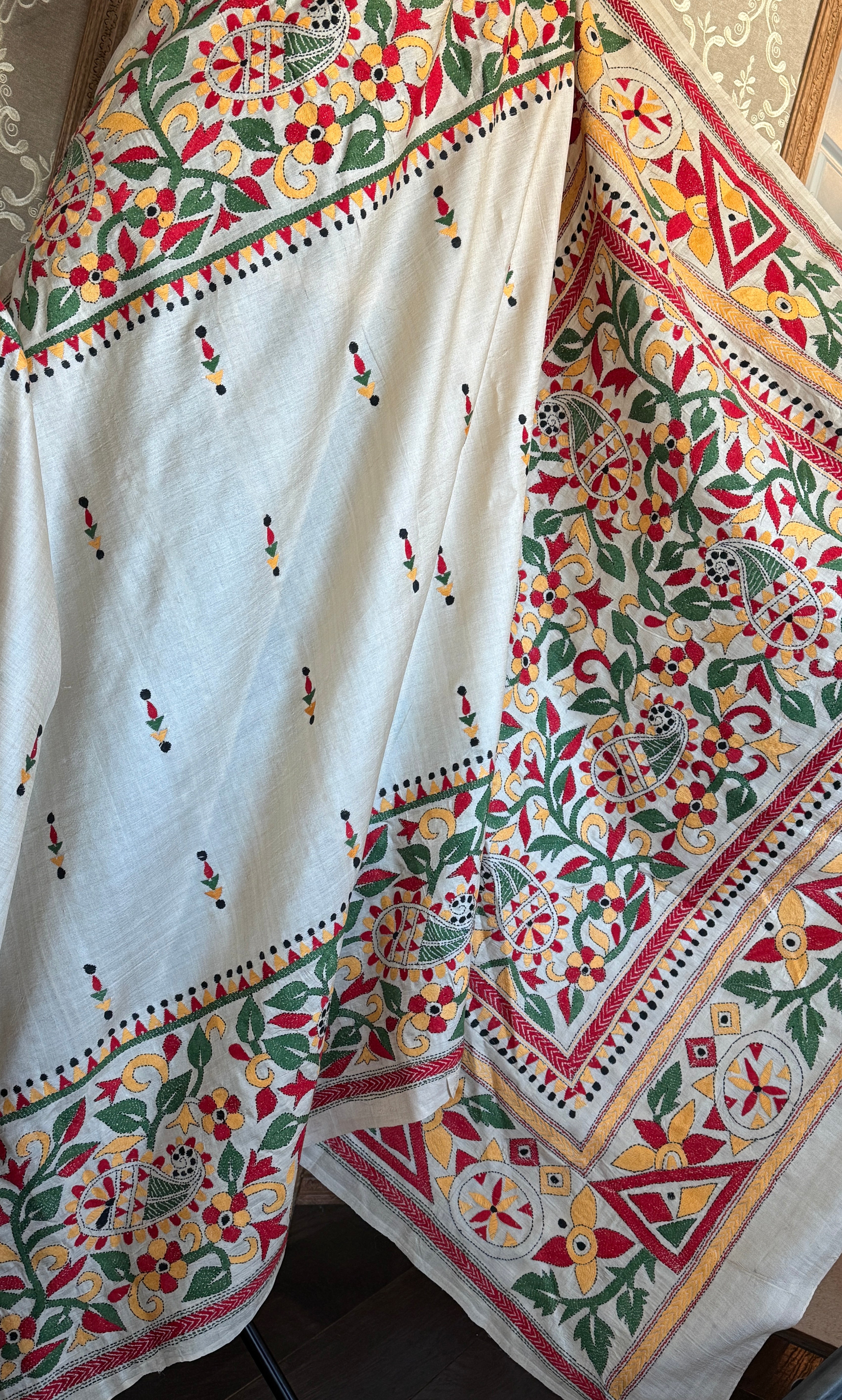Pure Tussar Silk Kantha Stitch -  Beige Multi color
