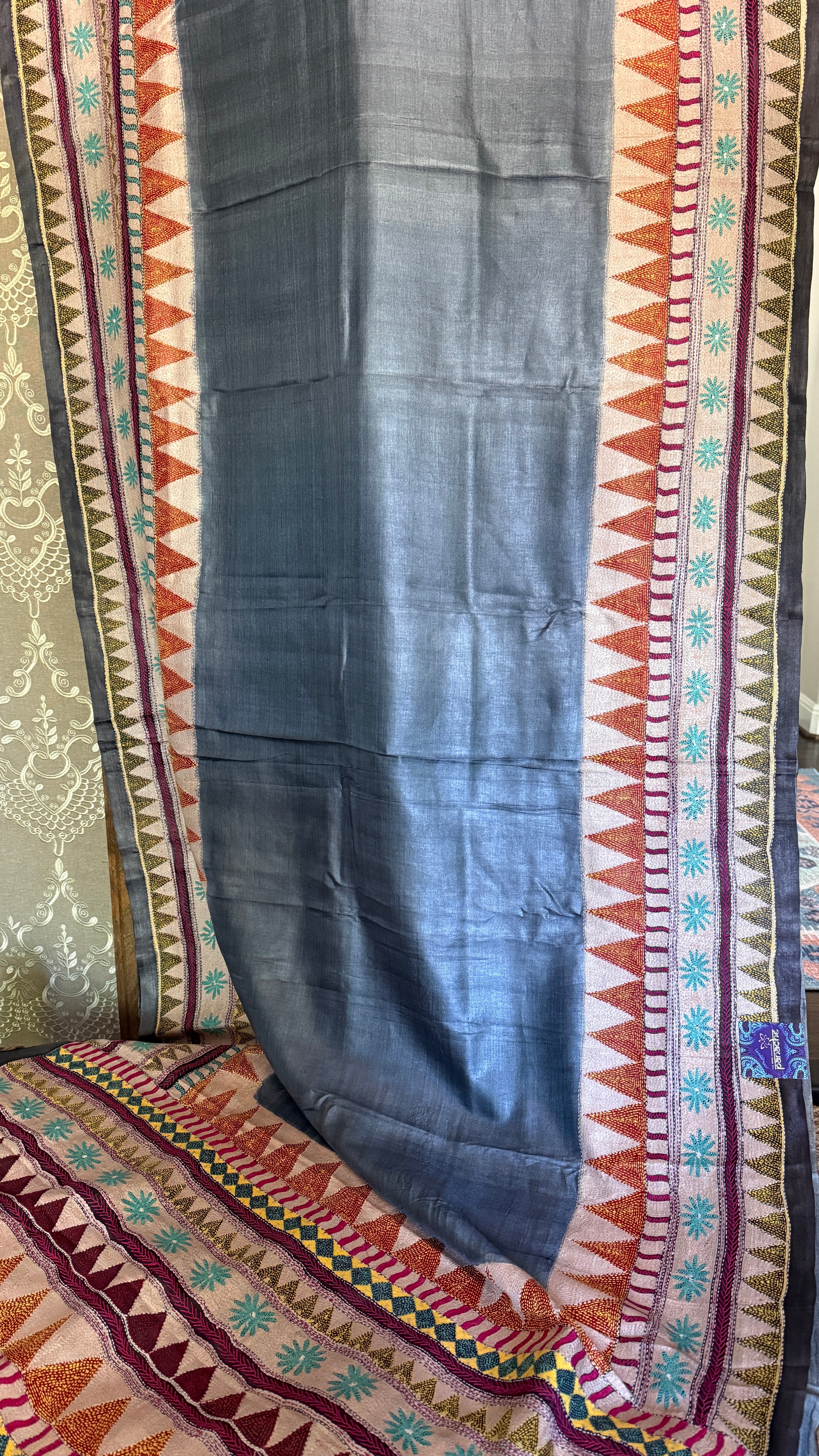 Pure Tussar Silk Kantha Stitch -  Grey Multi Color