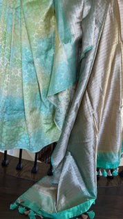 Designer Soft Silk Brocade Banarasi - Sea Green Pista Golden Tie-Dye