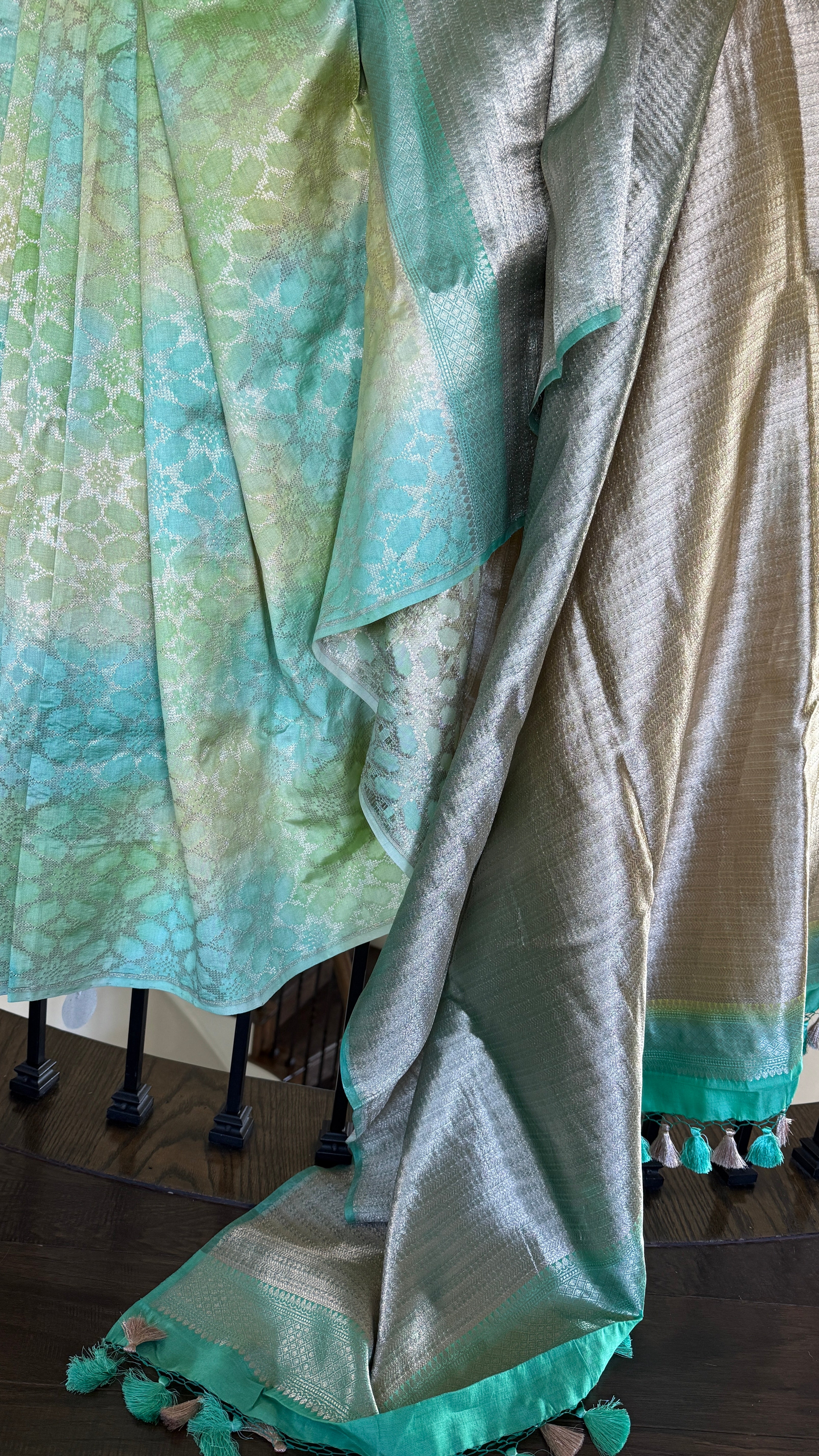 Designer Soft Silk Brocade Banarasi - Sea Green Pista Golden Tie-Dye