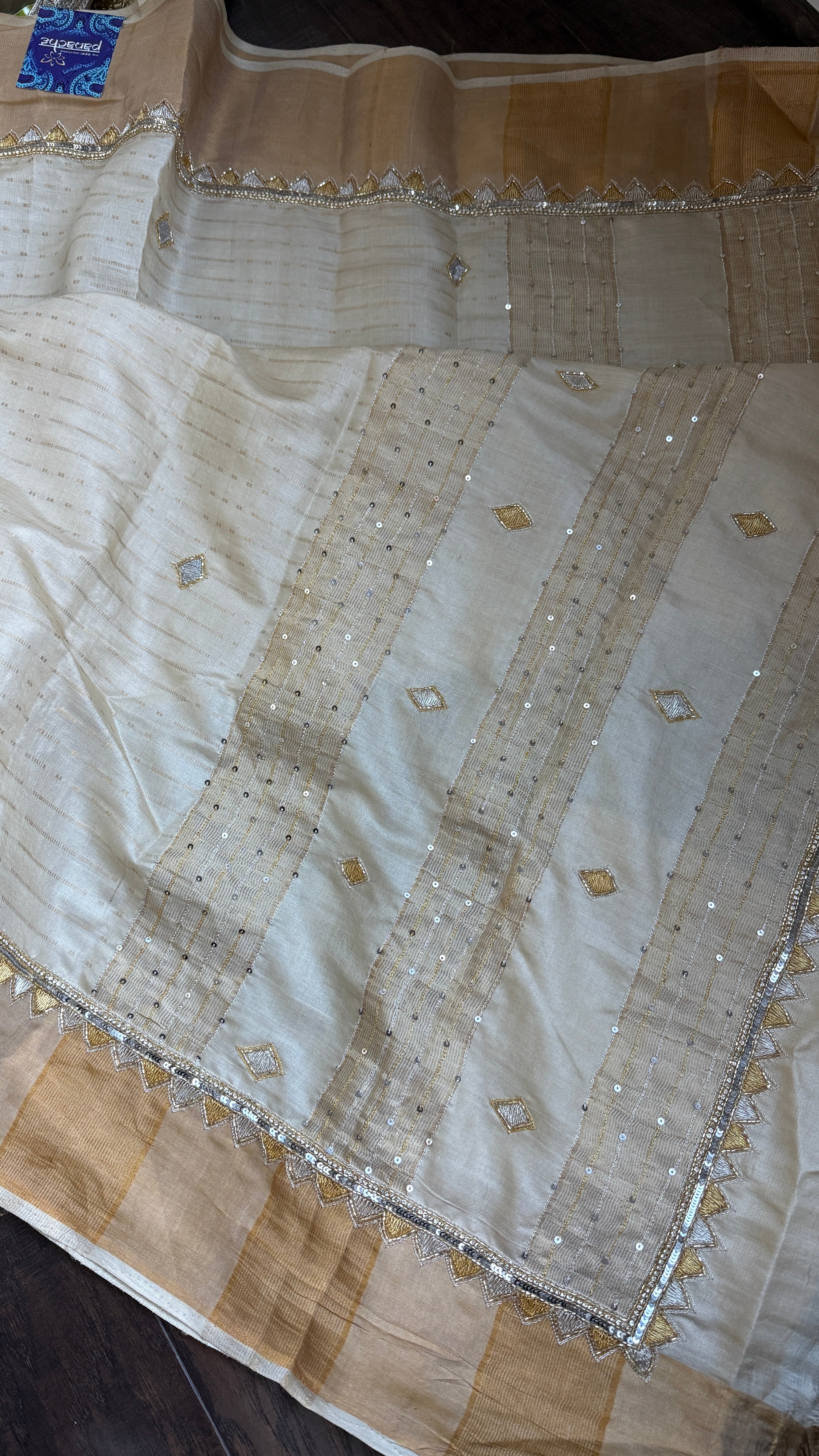 Designer Tussar Silk Zardozi - Beige Golden Purple Green Embroidered