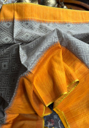 Kora Tussar Jamdani Banarsi - Grey Orange Golden Zari