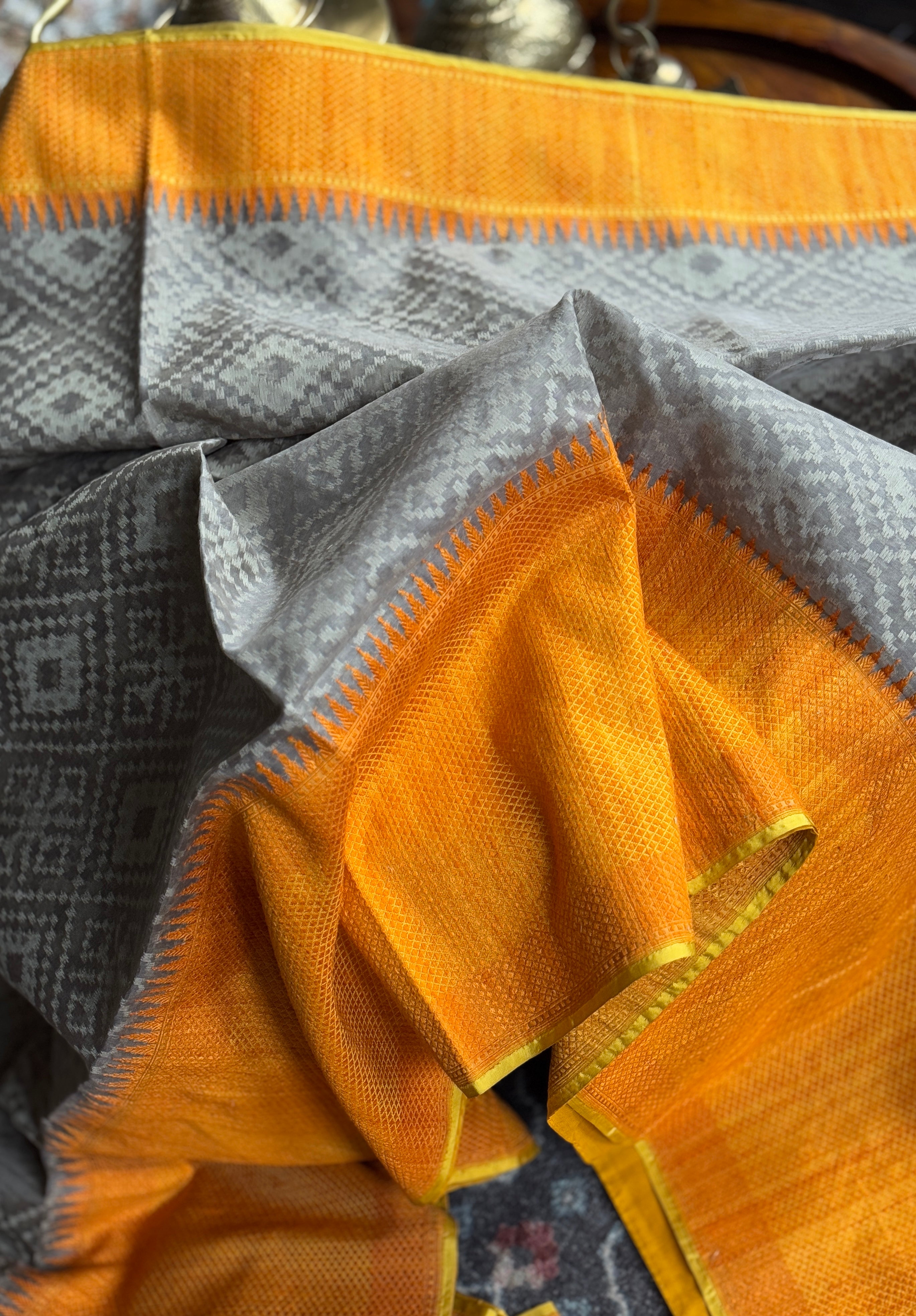 Kora Tussar Jamdani Banarsi - Grey Orange Golden Zari