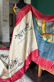 Pure Tussar Silk -  Cream Black Red Kolkata Printed