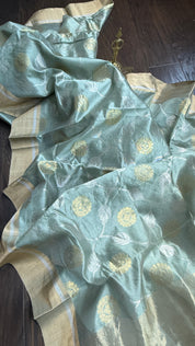 Pure Chanderi Pattu Silk - Metallic Sea Green Jaal woven