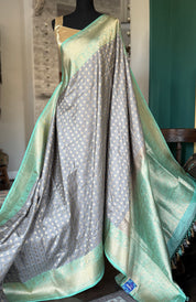 Pure Katan Silk Banarasi - Grey Sea Green Checkered